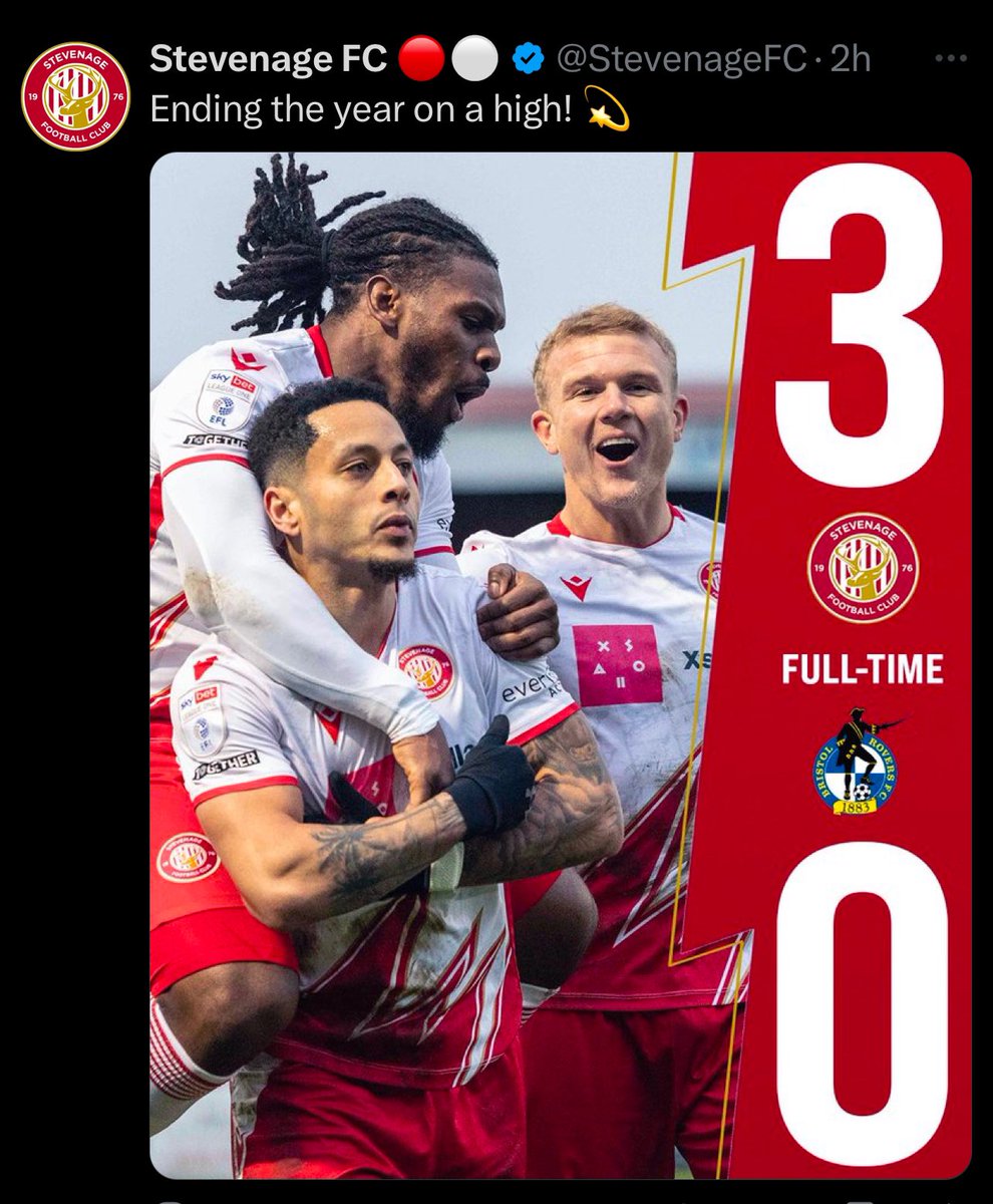 marcwebber's tweet photo. Hi @StevenageFC 👋. 
I wasn’t there today, but I’m suggesting a 2024 remix to the Final Score bosses after your win. 
“He’s Elliot List.
His goal was quite nice. 
Roberts scored the second 
And Reid made it thrice.
Stevenage beat the Rovers 3-nil!” 
@BBCMOTD 🎶🎄@BettyGlover_ https://t.co/OOHkz2ZO1A