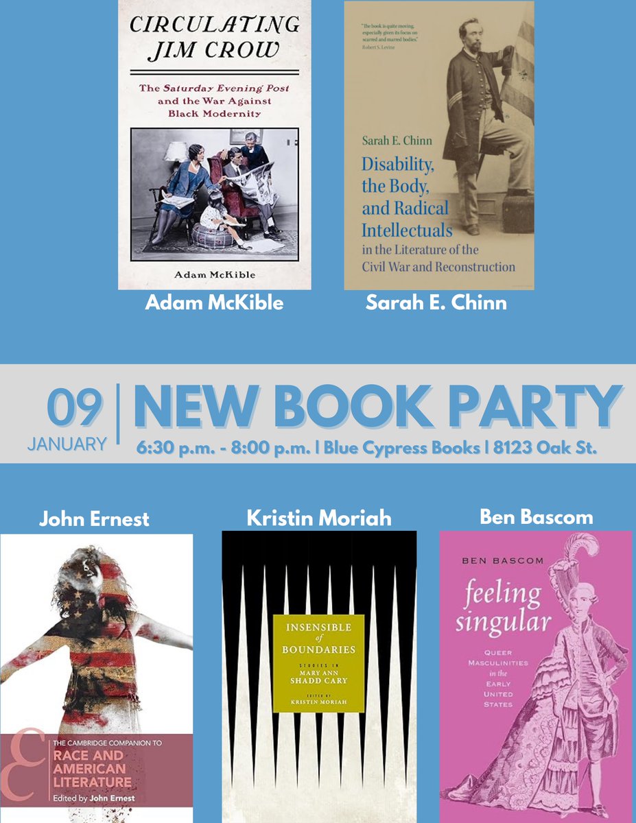 Dr. Kristin Moriah (@darkstars__) on Twitter photo If youâre going to New Orleans for the #MLA Convention this January, plz come to the launch of some fabulous new #C19 books by <a href="/AdamMckible/">Adam McKible</a>, <a href="/sarahechinn/">Sarah Chinn</a>, John Ernest, <a href="/Ben_Bscm/">Ben Bascom</a> and myself! Weâll be at @bluecypressbooks on Jan 9th from 6:30-8 PM. Iâd love to see you there! If youâre going to New Orleans for the #MLA Convention this January, plz come to the launch of some fabulous new #C19 books by <a href="/AdamMckible/">Adam McKible</a>, <a href="/sarahechinn/">Sarah Chinn</a>, John Ernest, <a href="/Ben_Bscm/">Ben Bascom</a> and myself! Weâll be at @bluecypressbooks on Jan 9th from 6:30-8 PM. Iâd love to see you there!