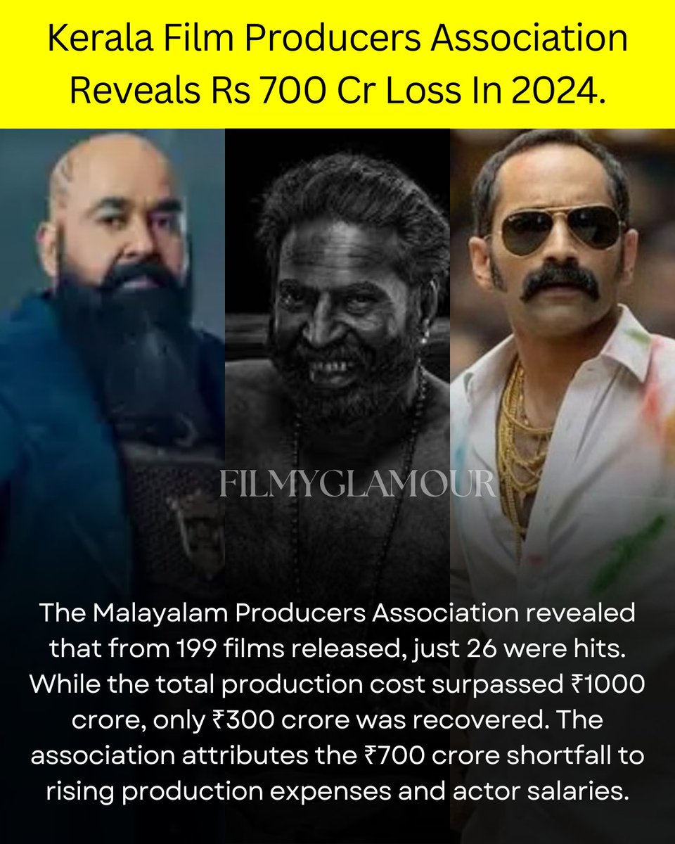 FilmyGlamour's tweet photo. Kerala Film Producers Association Reveals Rs 700 Cr Loss In 2024.

#KeralaFilmIndustry #Malayalam #SouthCinema https://t.co/Eozs8lQ3hg