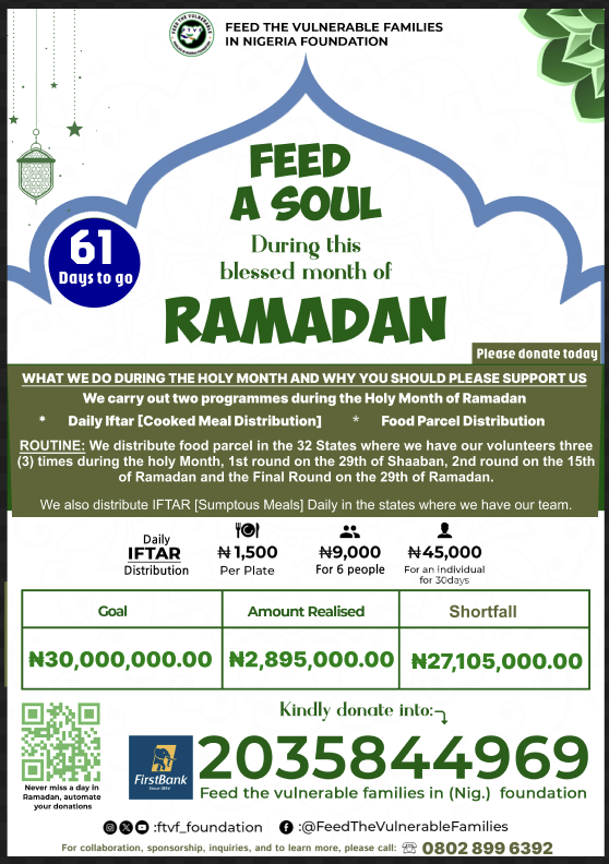 ftvf_foundation's tweet photo. ✅ Delivering vital aid to displaced families
✅ Providing nutritious meals to incarcerated individuals
✅ Attending to the needs of individuals with special needs
✅ Comforting Widows, Orphans, single moms and weak seniors
✅ Battling malnutrition, and providing essentials to children under five

Kindly support our Ramadan Feeding Project

₦𝗮𝗶𝗿𝗮 𝗔𝗰𝗰𝗼𝘂𝗻𝘁 𝗗𝗲𝘁𝗮𝗶𝗹𝘀:
2035844969
First Bank
Feed the Vulnerable Families in
[Nigeria} Foundation

GofundMe: https://t.co/5Muo3IAxR9

Paystack: https://t.co/V97fsPNmpG

When a Muslim spends something on his family and those around him intending to receive Allah [swt's] reward it is regarded as Sadaqah for him - [Bukhari]

@AyeshaQueen180 @Dr_nadia__ @AyshaHamman @IdrisAOni1 @AliGwamna_ @fahad__yd @musa_kiliya @BabynurseQeebah @Ashabul_Jannaah @Its_Yhettyqueen @mni_JJ @sodeeq28217 @doctortee @mariambello084 @Nafsulmutmainat @The_busarhz @ksdankoli5 @ashita_valdez @__khalid101 @FotoNugget @Sarki_sultan @Safreenarrhh @Abu_Yaaseer @InsideIlorin_NG @InsideOsogbo @CaliphRidwan @UmarNMohammed @AlimatOladele @__leemarh__ @MaryamTijjni @__Msmaryam @aisha_isiyaku @Antyn_yara @OladeleSekinah @Aheesha_x @Kabz_creations @abdullahtosin72 @RealAdeshina @abazwhyllzz @_maryamahh @Smallmalik01 @iamskamal_ @Big_Kamal1 @Atilolahafeezah @_hafsat_paki @HafsohKehinde @___Bils @RuqayyahAnuolu1 @savvy_ruqqy @Rukeiyahh