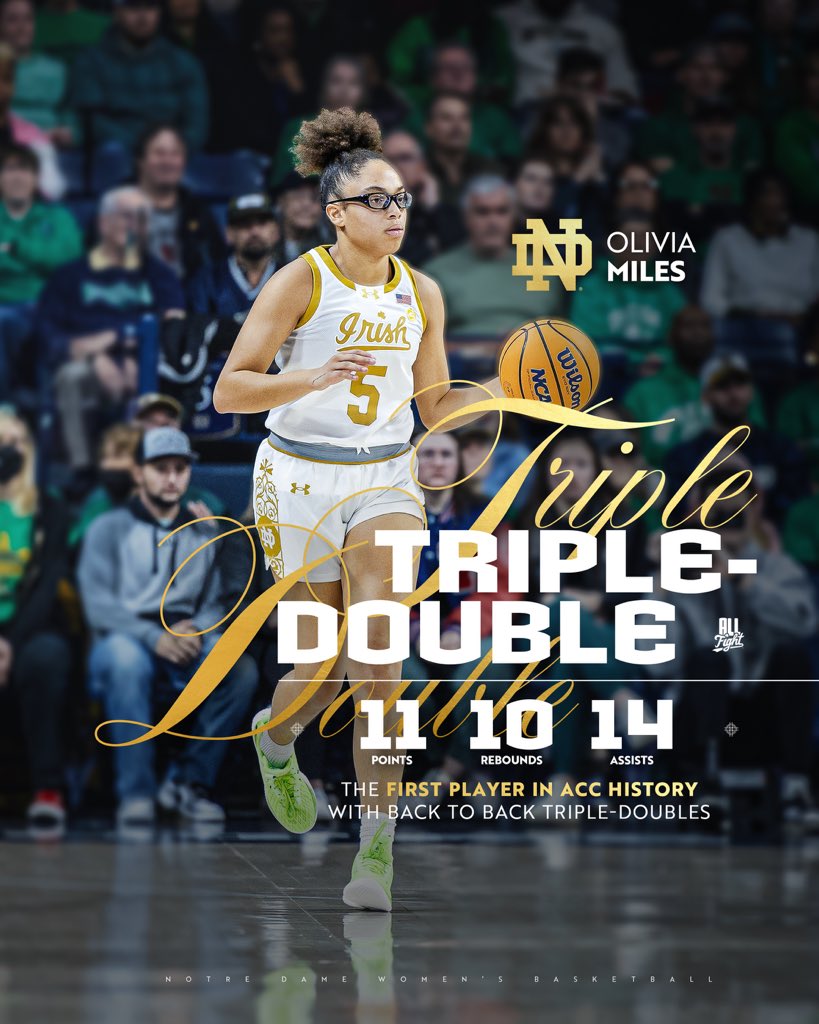 ndwbb's tweet image. the FIRST in @accwbb history with B2B triple-doubles 

no one is doing it like @oliviamiles06 🥽