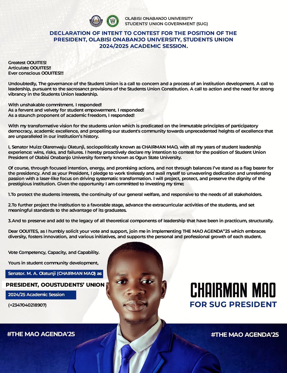 WorkofArts001's tweet photo. With a deep sense of Alutarian greetings filled with the vivid grace of the hallowed spirit of every comrades in fraternity of OOU Student Unionist, i proactively dare to struggle, to CONTEST FOR THE POSITION OF THE SUG PRESIDENT OF OOUSUG. And I dare to win 🏆✊. https://t.co/rCaJwkWu2X