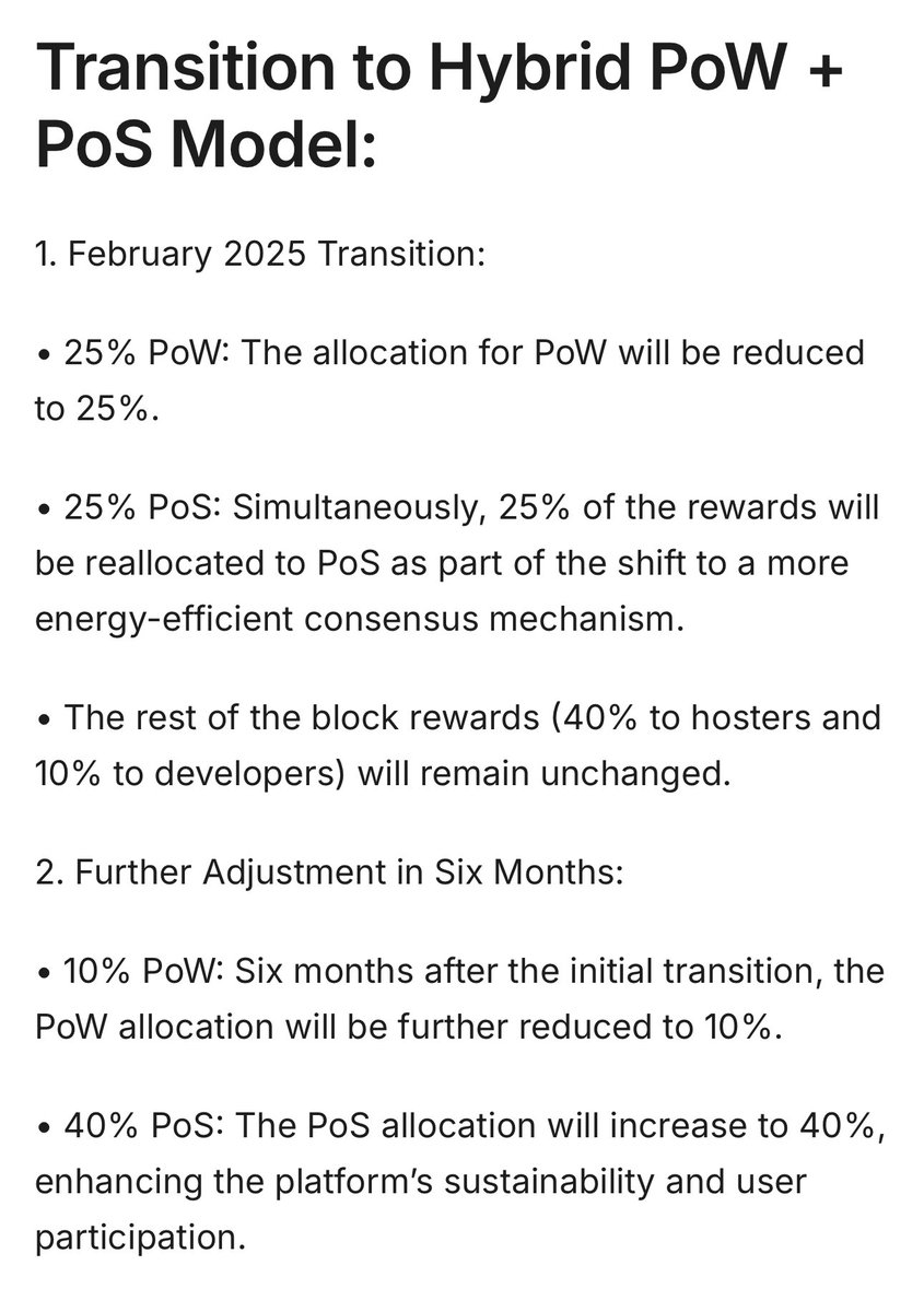 Defi_Django's tweet photo. So Clore is switching to a hybrid PoW+Pos
Model. 

Starting in Feb PoW for mining is being cut in half to 25%. And then after 6 months it will get reduced to 10% they are also switching off of Kawpow at this time. New Algorithm is not public. 

So in 8 months from now here is the new block distribution: 

10% PoW
40% PoS
40% to Hosters
10% to devs

Once again we see another Project completely disregarding GPU miners.