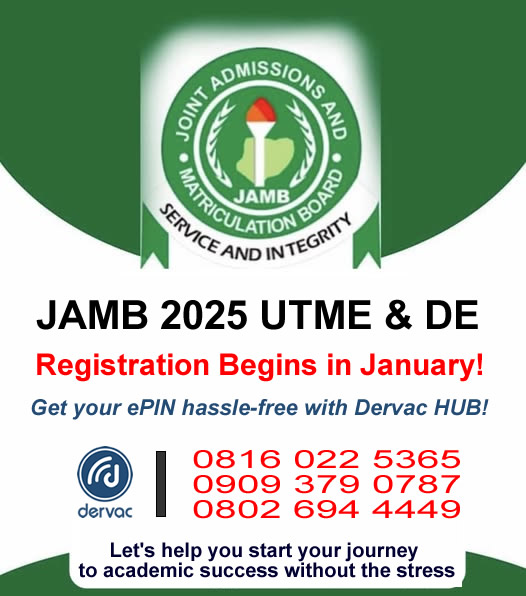 Dervachub's tweet photo. JAMB 2025 UTME &amp; DE Registration Begins in January!
📷 Get your ePIN hassle-free with Dervac HUB!

We are committed to delivering stress-free and reliable ePIN vending services to make your registration seamless.

Reach Out to us @ dervac
0816 022 5365
0909 379 0787
0802 694 4449 https://t.co/3eYBJZYssA