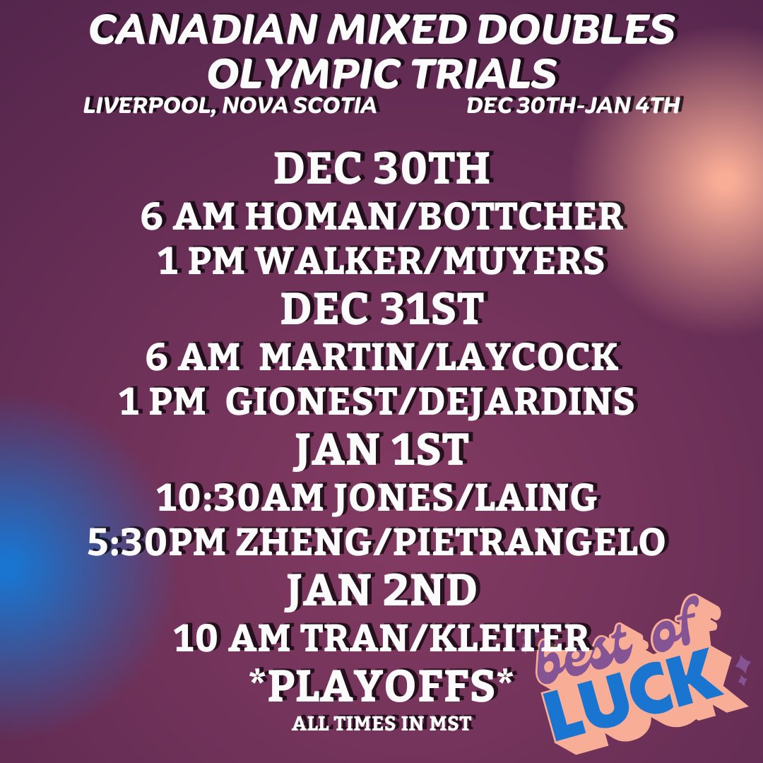 Sending Paige &amp; Evan the best of luck this week as the playoff in the Mixed Doubles Olympic Trials in Liverpool, Nova Scotia! 🥌💫
Here’s the schedule to keep updated, games will be streamed on Curling Canadas YouTube! 
🍀🥌Best of luck to Paige and Evan!