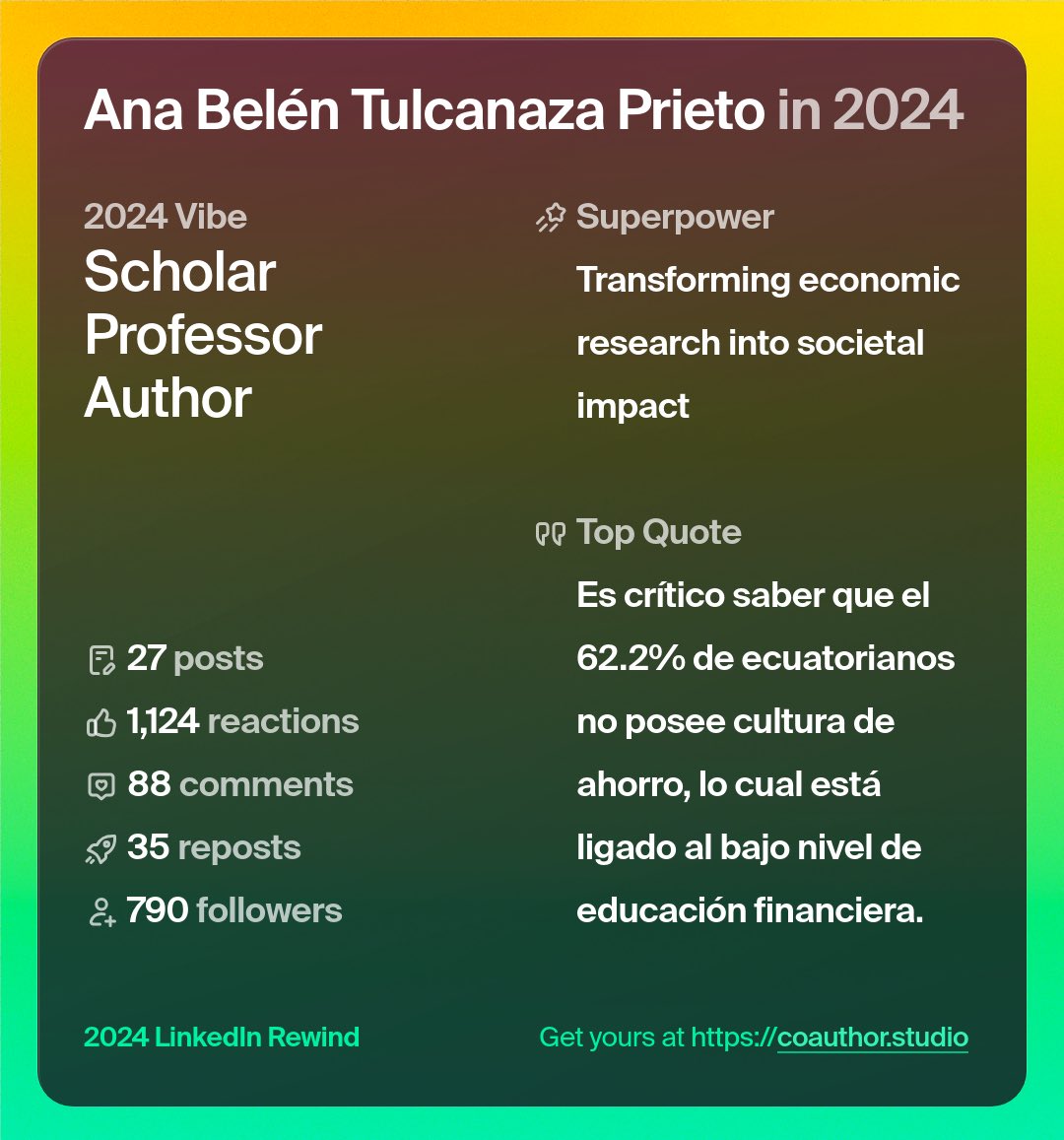 anitabelen995's tweet photo. #linkedinreview by @LinkedIn
Thankful for a wonderful 2024 and its vibe in my careerโฆ
Every step has been possible with the valuable support of my home @UDLAEcuador @UDLA_Investiga
Cheers to a wonderful 2025 of research and teaching ๐ฅโจ https://t.co/803tmjqpbt