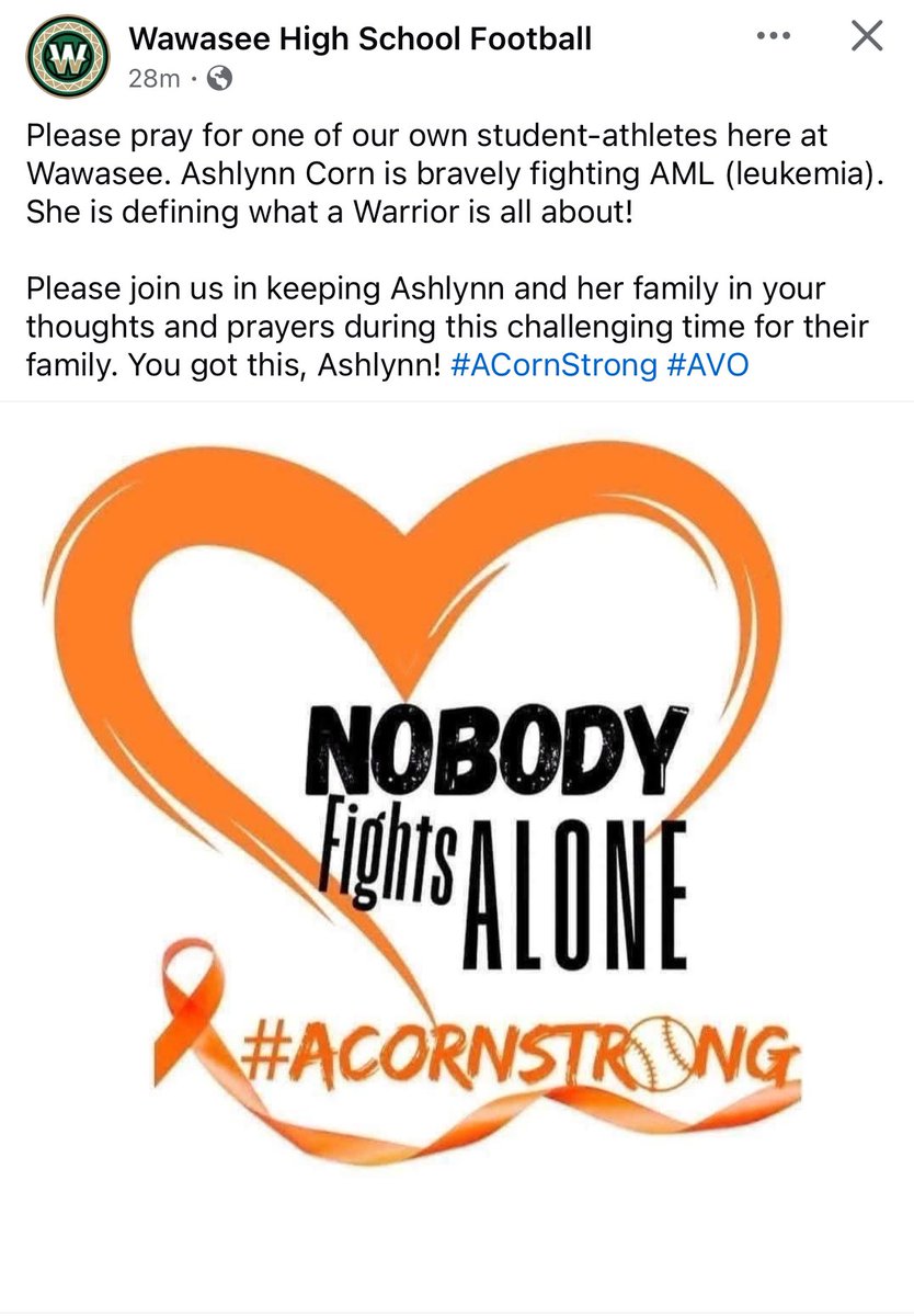 CoachBerg_ATC's tweet photo. Please keep one of my former athletes from Wawasee in your thoughts and prayers as she takes on AML Leukemia.
Nobody fights alone! #ACornStrong https://t.co/MT89EdFthD