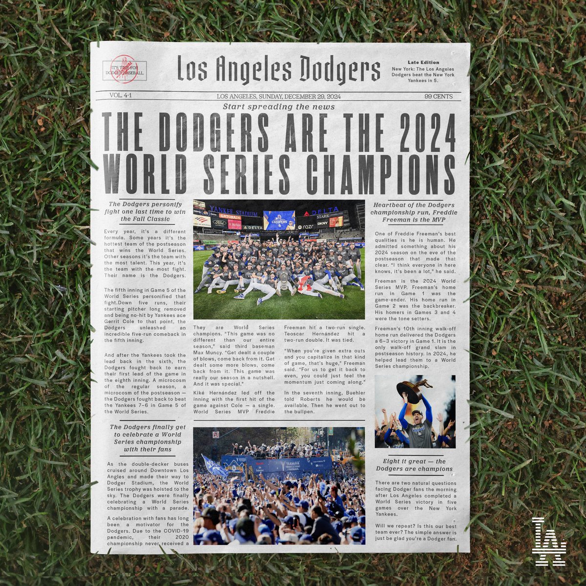 Dodgers's tweet photo. The final Sunday paper of 2024, champs edition. 📰🏆 https://t.co/x02DIfqBz3