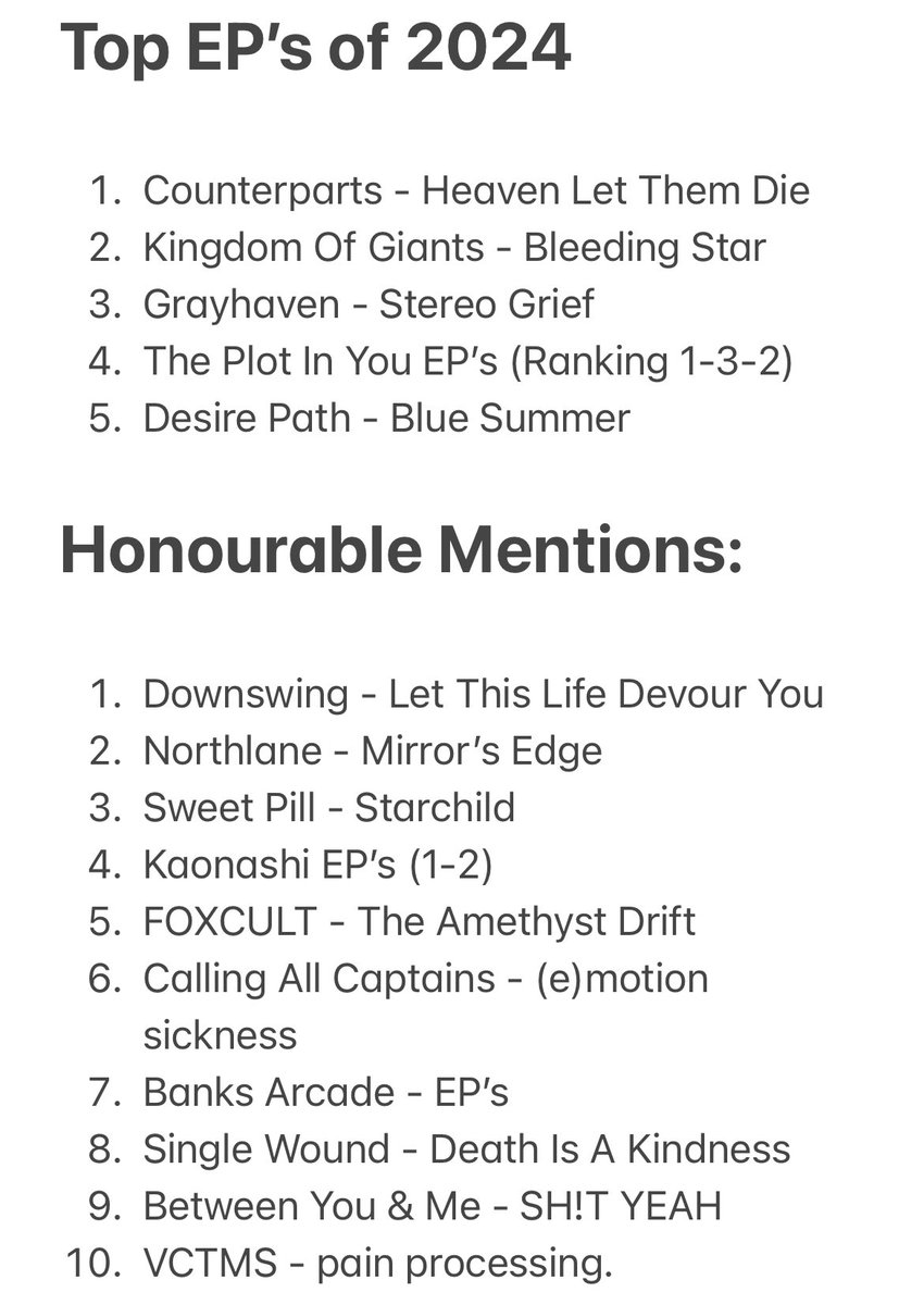 DannyCipparone's tweet photo. Here are my top album’s and EP’s of 2024 alongside some honourable mentions.

Happy New Year 🥳 https://t.co/MwsPvE7Rue