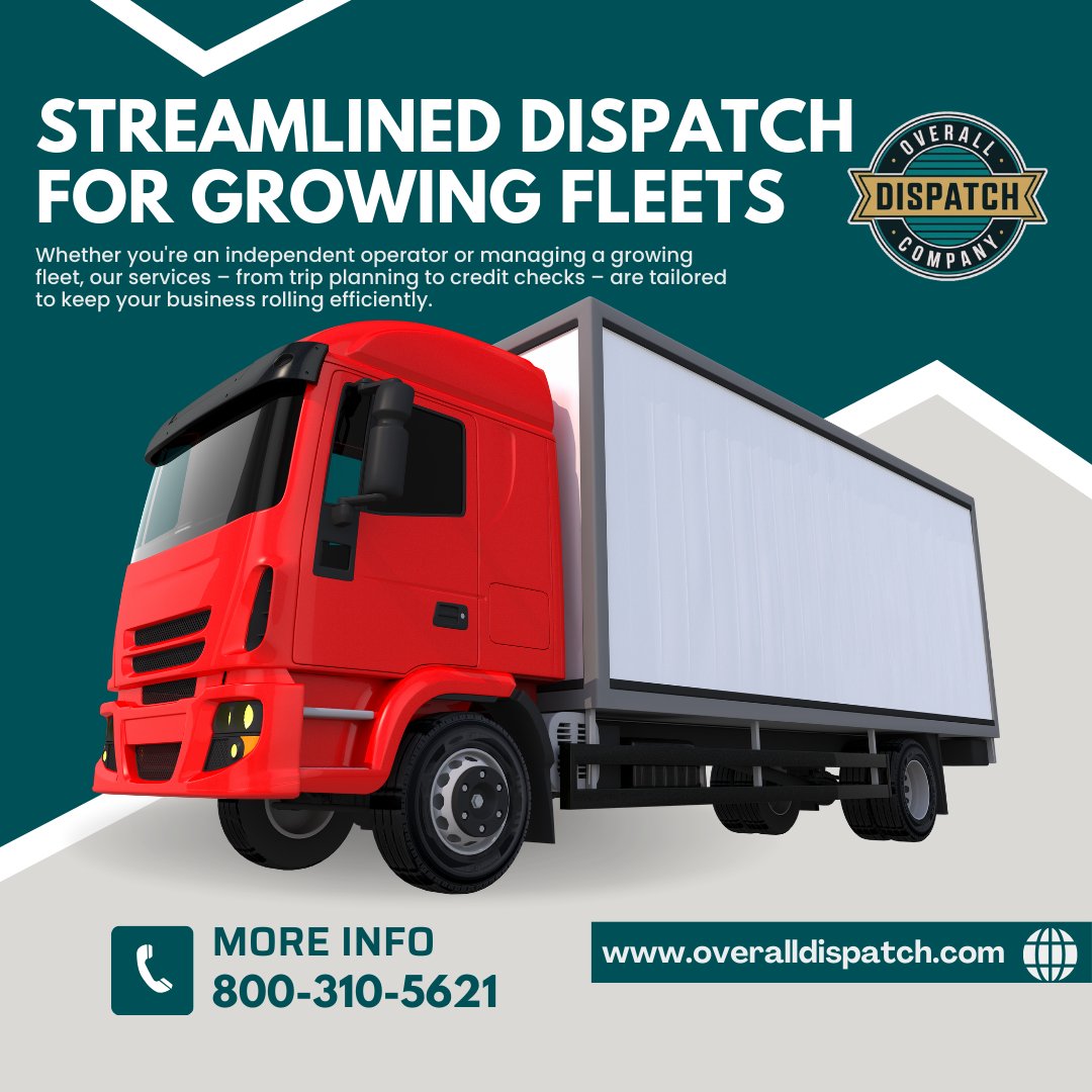 OverallDispatch's tweet image. STREAMLINED DISPATCH FOR GROWING FLEETS

From trip planning to credit checks, we’ve got you covered! Whether you're an independent operator or managing a growing fleet, our tailored services ensure your business keeps rolling efficiently. 🚚✨

📞 Call us today: 800-310-5621
