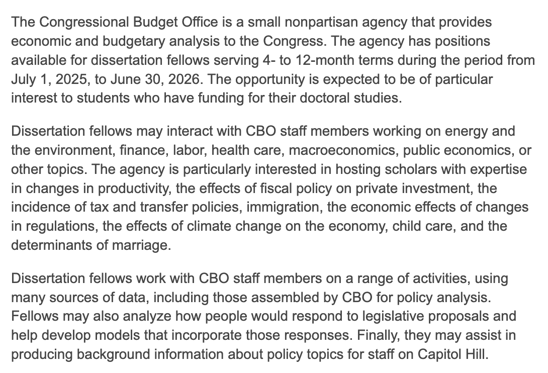 Recently, CBO, CRS, and MedPAC have identified opportunities for PhD students to collaborate on non-partisan economic policy research.

CBO’s (unfunded) dissertation fellows program is one example: phg.tbe.taleo.net/phg03/ats/care…