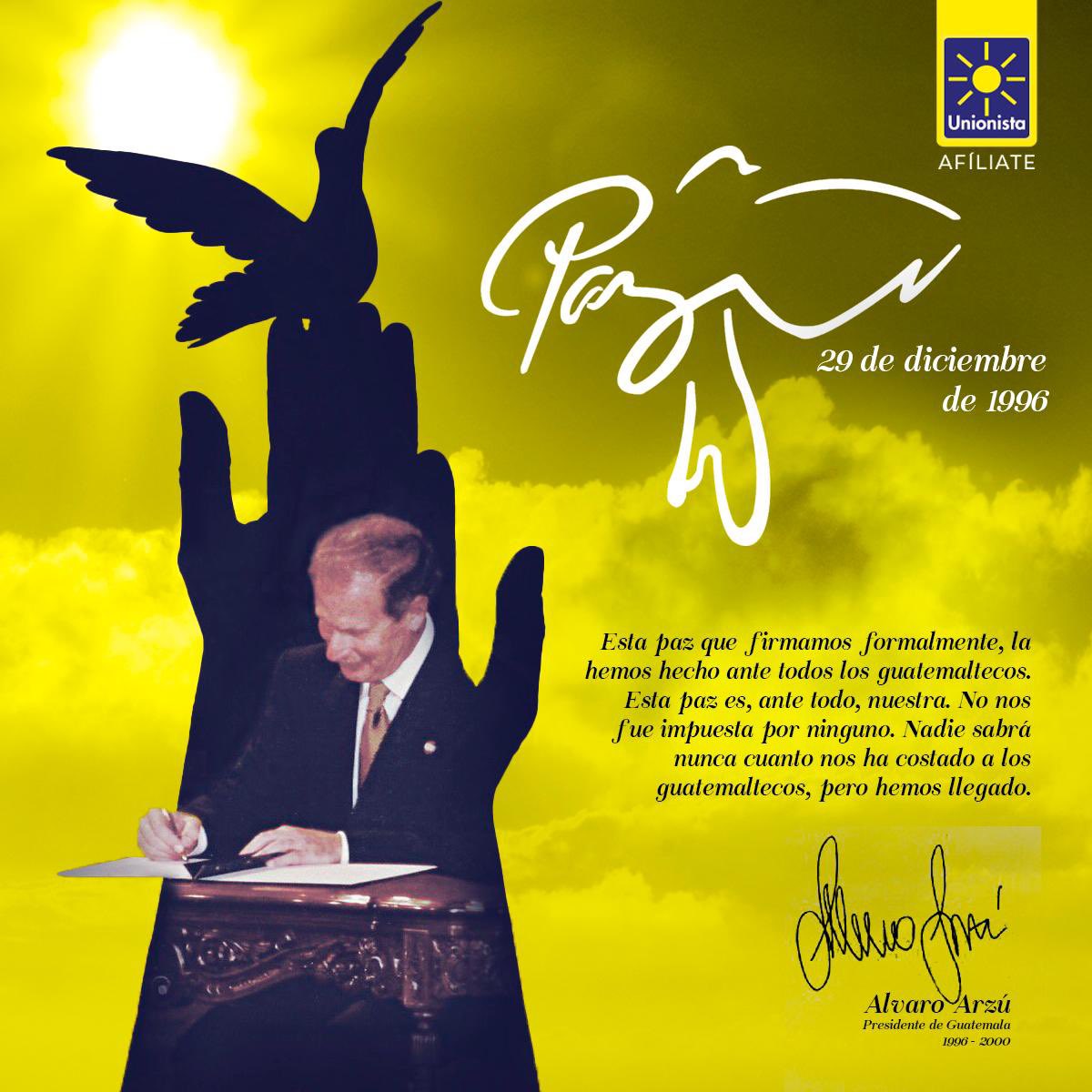 ✨ La paz no es solo un logro del pasado, es un compromiso diario. Gracias al liderazgo del Presidente Alvaro Arzú, hoy recordamos que el futuro de Guatemala depende de nuestra unión y trabajo conjunto. ☀️ #ElFuturoBrilla porque creemos en la paz 🕊️