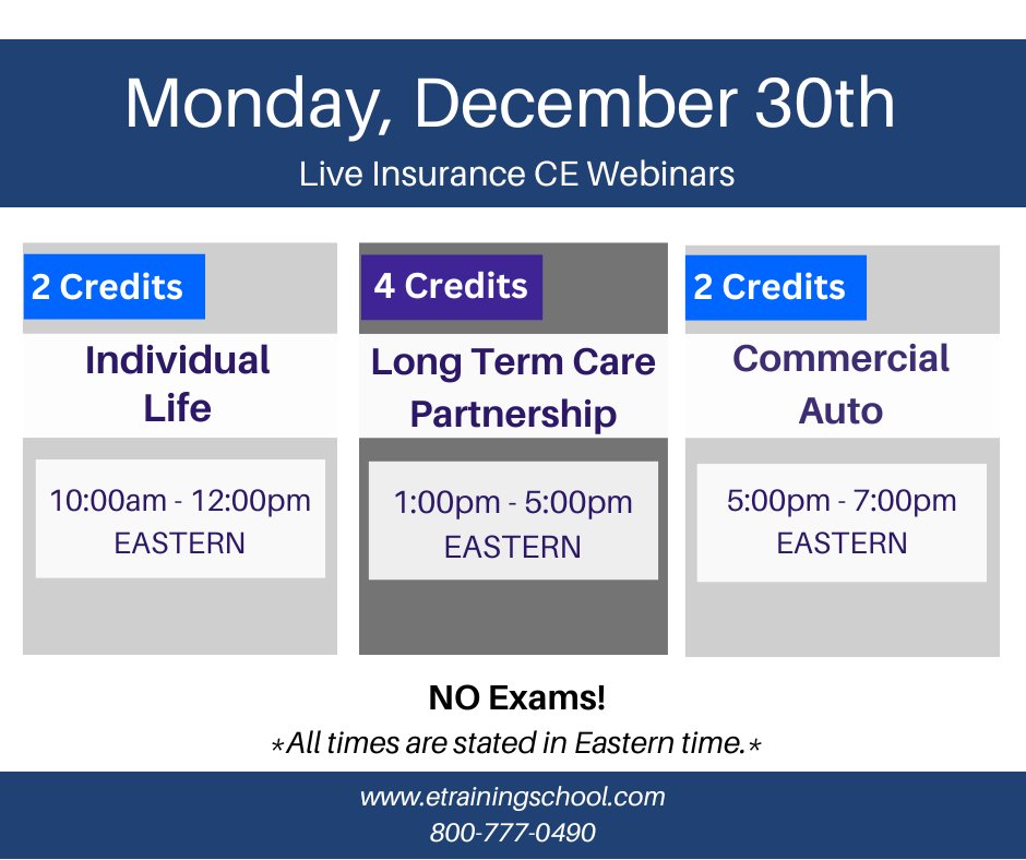 EITINS's tweet image. Last live #webinars of the year: #IndividualLife, #LTC Partnership &amp;amp; #CommercialAuto. Register now to join us and earn credits with #NoTravel &amp;amp; #NoExam!

Register now at: etrainingschool.com/clientsite/Cla…