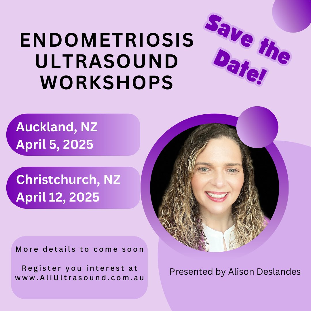 📢 Save the Date! 📢

I am so excited to announce that I will be returning to NZ in 2025 to present not one but TWO #Endometriosis #Ultrasound Workshops!! 😃

Coming to: 
📍Auckland, Sat 5 April
📍Christchurch, Sat 12 April 

Register interested👉 aliultrasound.com.au/upcoming-events