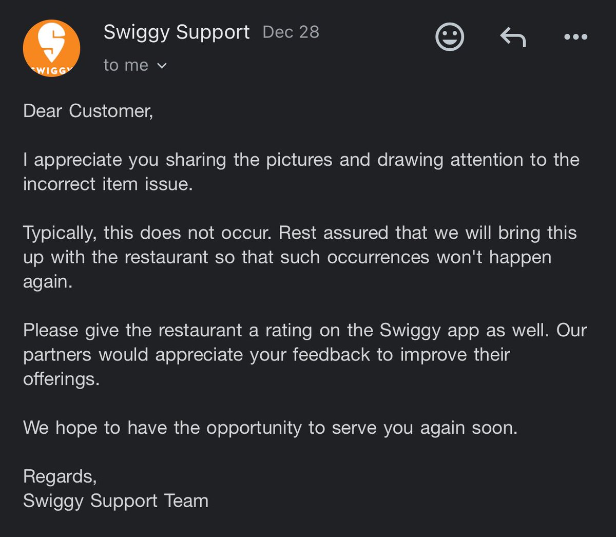 arvindtna's tweet photo. @SwiggyCares @Swiggy Despite my previous escalation of this matter, I am not satisfied with the resolution provided. https://t.co/bpB5UGdi6d