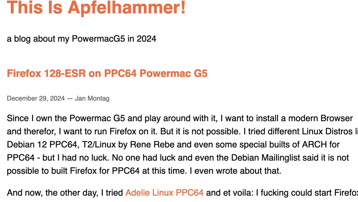 #Firefox 128-ESR on #PPC64 #PowerMacG5 
apfelhammer.de/firefox-128-es…

#PowerPC #PowerMac #AdelieLinux