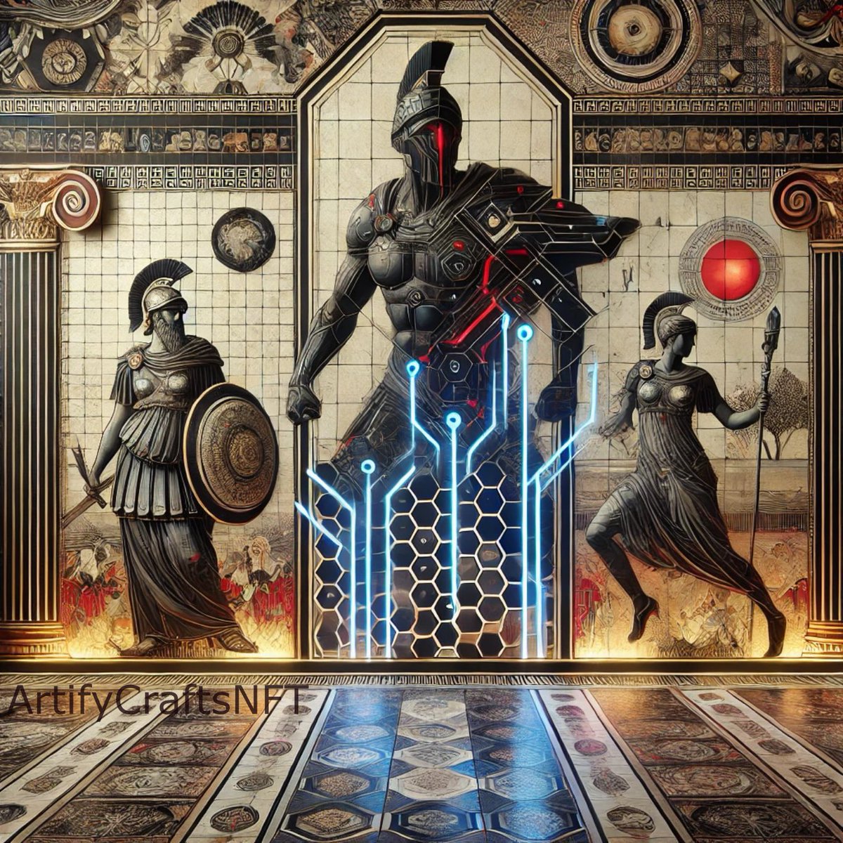 artifyNFTs's tweet photo. This artwork blends ancient Greek culture with modern technology, merging classical elements with illuminated circuits to symbolize progress. A unique fusion of history and innovation, perfect for collectors.

#AncientArt #DigitalFusion #GreekHeritage #Innovation #ArtCollectors https://t.co/w3xjZR58n9