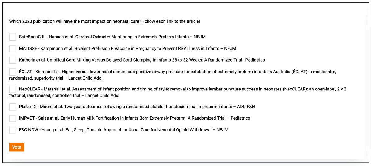 Select the finalists for the 2023 @EBNeo Impact Article of the Year! 👇 

buff.ly/3R5JhMy

Which of these 8 great publication will have the most impact on neonatal care?

#EBNeoImpact23 #neoebm #neoTwitter