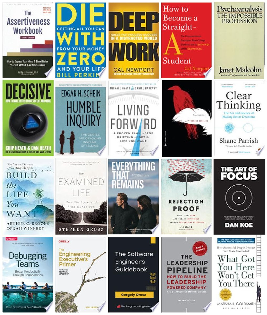 thiagoghisi's tweet photo. Quick Retro! My 120 Book “reads” in 2024 & 𝐌𝐲 20 𝐅𝐚𝐯𝐨𝐫𝐢𝐭𝐞𝐬: Top 15 on Non-Fiction & Top 5 on Eng/Mgmt.

Yes, that’s a big number… but, don’t be surprised by that. I count any book where I’ve made at least one Kindle highlight or note, even if I only read/re-read a snippet or didn’t finish. Finishing is optional on my books! I know, it’s not a perfect system, but I’ve been at least tracking it consistently year-over-year! Thanks to @readwise!

Big differences from 2023:

- My technical reading (Software Engineering & Management) shifted heavily to articles. I only read 8 tech books this year (3 on GenAI!).
- Many old favorites returned (e.g., 7 Habits, Turn the Ship Around!), but I’m only listing new appearances for my Top 20 in 2024.
- I dipped into some biographies and non-“non-fiction” (still not fully into fiction yet, but baby steps).

Here is My Top 2️⃣0️⃣ for 2024:

𝐓𝐨𝐩 15 𝐍𝐨𝐧-𝐅𝐢𝐜𝐭𝐢𝐨𝐧/𝐍𝐨𝐧-𝐄𝐧𝐠𝐢𝐧𝐞𝐞𝐫𝐢𝐧𝐠:

1️⃣ The Assertiveness Workbook
Author: Randy Paterson

2️⃣ Die With Zero
Author: Bill Perkins

3️⃣ Deep Work
Author: Cal Newport

4️⃣ How to Become a Straight-A Student
Author: Cal Newport

5️⃣ Psychoanalysis: The Impossible Profession
Author: Janet Malcolm

6️⃣ Decisive
Authors: Chip Heath & Dan Heath

7️⃣ Humble Inquiry
Author: Edgar H. Schein

8️⃣ Living Forward
Authors: Michael Hyatt & Daniel Harkavy

9️⃣ Meditations
Author: Marcus Aurelius

1️⃣0️⃣ Clear Thinking
Author: Shane Parrish

1️⃣1️⃣ Build the Life You Want
Authors: Arthur C. Brooks & Oprah Winfrey

1️⃣2️⃣ The Examined Life
Author: Stephen Grosz

1️⃣3️⃣ Everything That Remains
Authors: Joshua Fields & Ryan Nicodemus

1️⃣4️⃣ Rejection Proof
Author: Jia Jiang

1️⃣5️⃣ The Art of Focus
Author: Dan Koe

𝐓𝐨𝐩 5 𝐒𝐨𝐟𝐭𝐰𝐚𝐫𝐞 𝐄𝐧𝐠𝐢𝐧𝐞𝐞𝐫𝐢𝐧𝐠/𝐌𝐚𝐧𝐚𝐠𝐞𝐦𝐞𝐧𝐭:

1️⃣ What Got You Here Won’t Get You There
Author: Marshall Goldsmith

2️⃣ Debugging Teams
Authors: Ben Collins-Sussman & Brian W. Fitzpatrick

3️⃣ The Engineering Executive’s Primer
Author: Will Larson

4️⃣ The Software Engineer’s Guidebook
Author: Gergely Orosz

5️⃣ The Leadership Pipeline
Authors: Ram Charan, Steve Drotter & James Noel

That’s the quick look back.

Full disclosure: Putting this list together took me a couple of hours of skimming highlights and reflecting on my notes to see what of those ideas really impacted me the most this year. If this helps you discover your next read, I’d appreciate a quick comment or share—let’s spread good recommendations!

More on my (short!) list of tech articles from 2024 coming tomorrow, it will probably be Top 24 to keep the tradition of the Top 23 last year. Stay tuned!