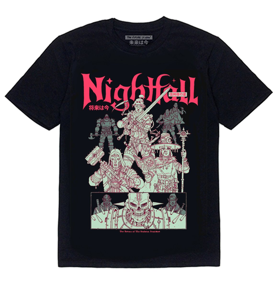 B378Unit's tweet image. Last 25 hours of Nightfall Redux- The T-shirt is here, showcasing the Enemies of the Past Reality and their battle against the Skeleton President.