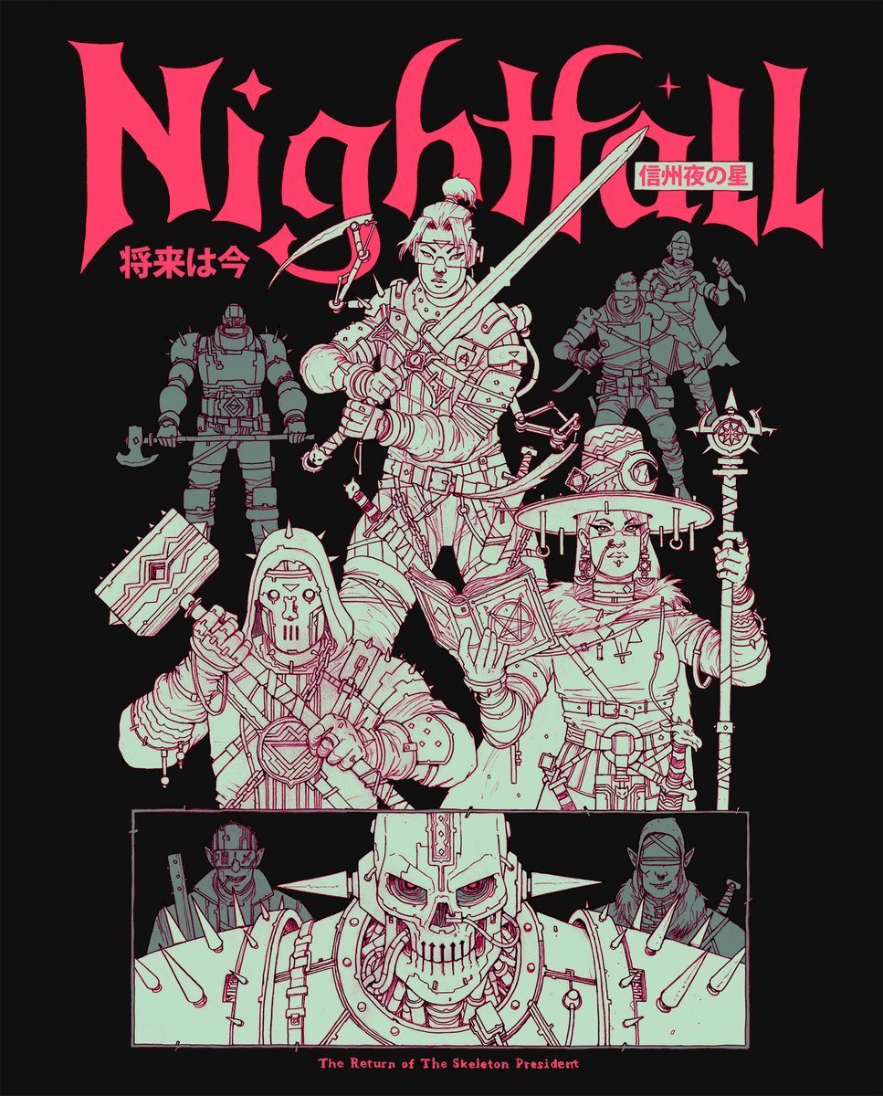 B378Unit's tweet image. Last 25 hours of Nightfall Redux- The T-shirt is here, showcasing the Enemies of the Past Reality and their battle against the Skeleton President.
