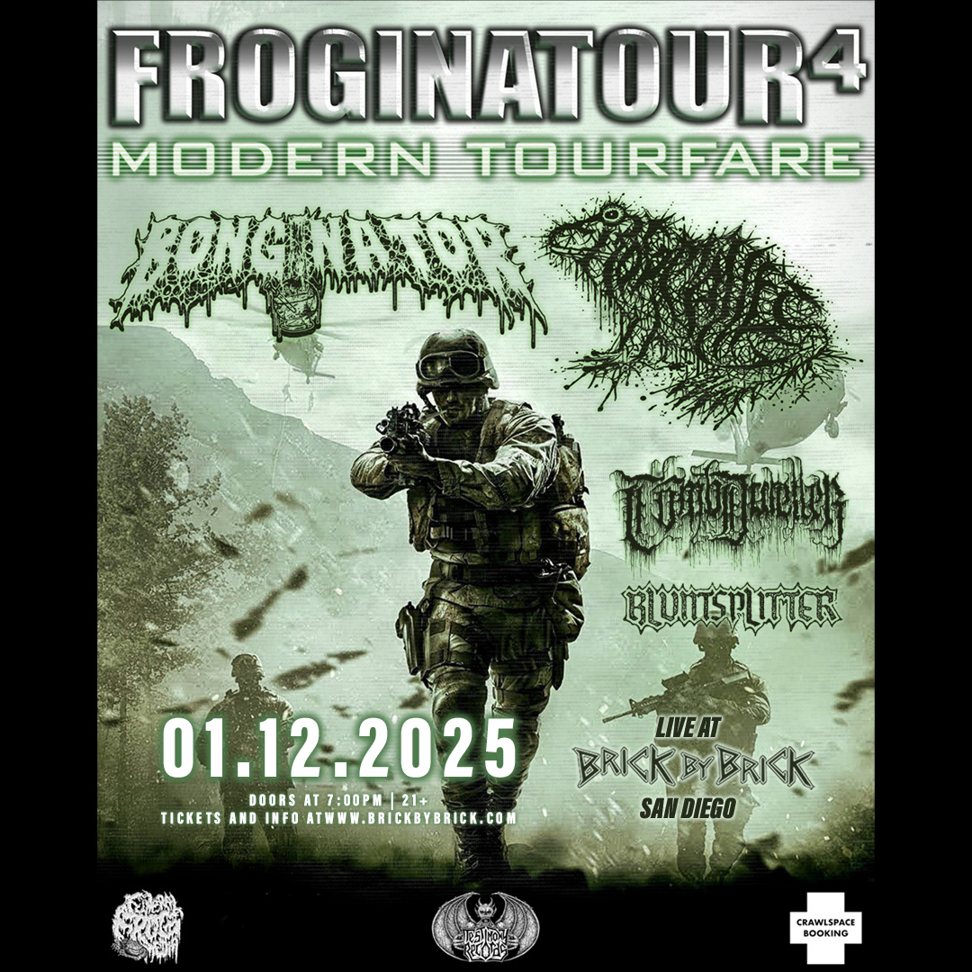 Two weeks out ✌️ Don't miss <a href="/bonginatorma/">BONGINATOR</a> with <a href="/frogmalletband/">Frog Mallet</a> <a href="/TombDweller619/">TOMB DWELLER</a> and <a href="/BluntSplitterCA/">Blunt Splitter</a> on January 12th! bit.ly/Bonginator25SD #LiveAtBxB #Bonginator #deathmetal