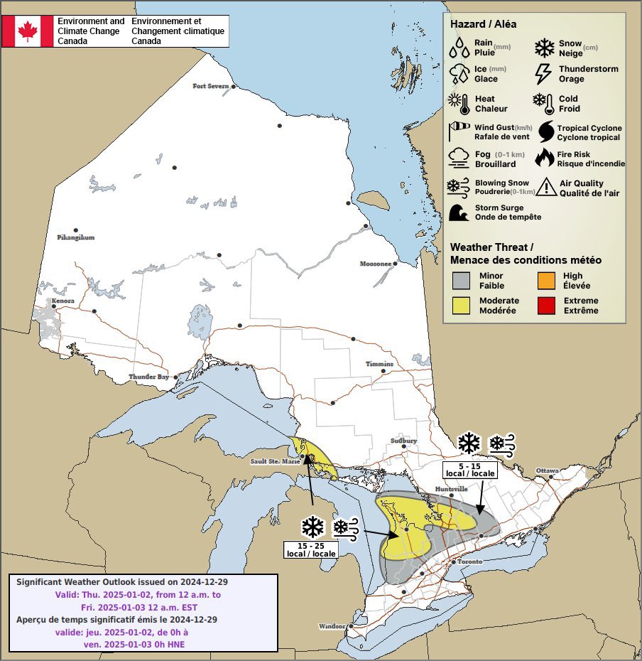 #ONStorm #ONwx Environment Canada is continuing to forecast the potential for significant snow squalls beginning Thursday and lasting through the weekend.

The latest forecast suggests a ‘moderate’ weather threat, with the potential for locally 15-25 cm of snowfall just on