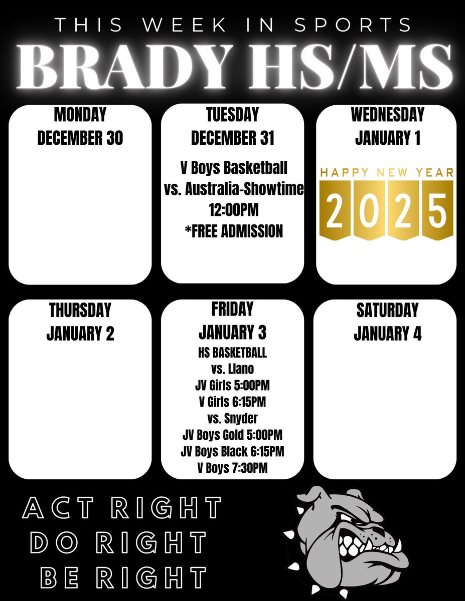 Brady ISD Athletics (@brady_athletics) on Twitter photo This Week in Sports
Dec. 30-Jan. 4
See you at the games….🐾<a href="/coachv32/">C.J. Villegas</a> <a href="/CoachJRRoberts/">Jaron Roberts</a> <a href="/cdockery8130/">Candice</a> This Week in Sports
Dec. 30-Jan. 4
See you at the games….🐾<a href="/coachv32/">C.J. Villegas</a> <a href="/CoachJRRoberts/">Jaron Roberts</a> <a href="/cdockery8130/">Candice</a>