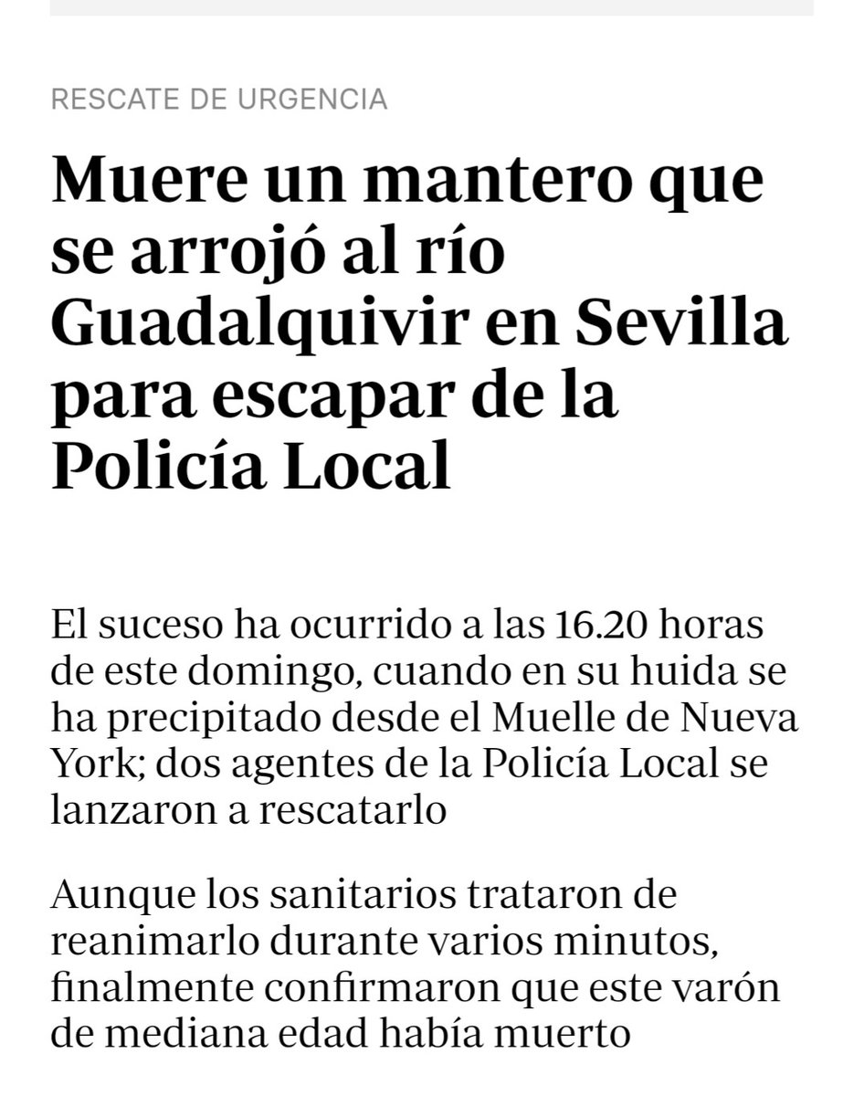 RegularizacionY's tweet photo. #LasVidasMigrantesImportan⁉️
Titulares de periódicos omiten que un mantero se vió obligado a lanzarse al Guadalquivir por una persecución policial.
Ha perdido la vida, como con Mame Mbaye dirán: que "la policía no lo mató". 
Insistimos la Ley de Extranjería mata gente cada día‼️ https://t.co/KBeeOcY99y