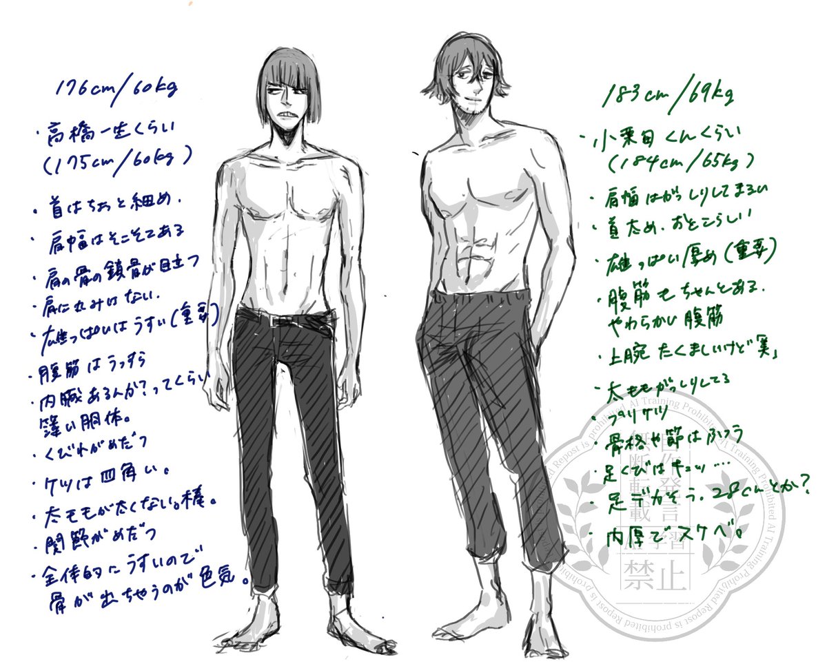 これも昔描いたやつだけどアニメ見ながら2人が並ぶと体格の差があってええな〜と思ったのでもっかい出しときます 2人とも羽織があるからシルエットは丸いけど脱いだらこうだと思うとそそりますね