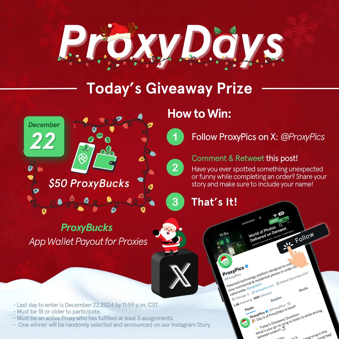 Christmas is only 3 days away 😱 😱 , and today’s prize is a festive $50 ProxyBucks (App Payout)! 

💬 How to Enter:
1️⃣ Follow us on X. (@proxypics) AND retweet this post.
2️⃣ Comment below: Have you ever spotted something unexpected or funny while completing an order?
3️⃣ Include
