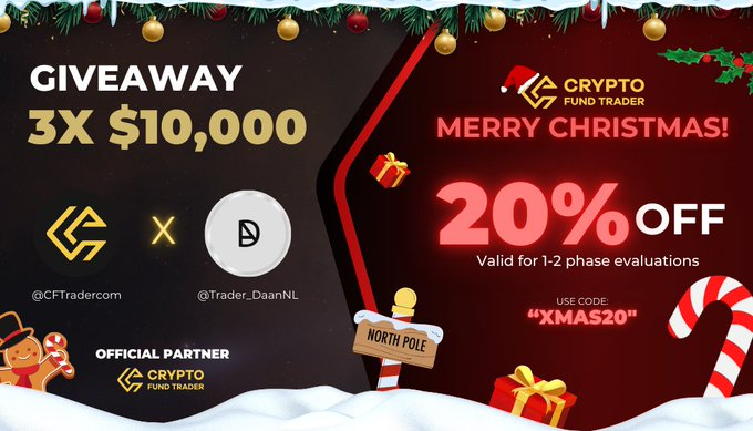 CHRISTMAS GIVEAWAY!🎄🚀

3x10K evaluation accounts

What you should do:
- Follow <a href="/CFTradercom/">Crypto Fund Trader</a> &amp; <a href="/Trader_DaanNL/">Daan</a> 
- Like + RT post
- Tag 3 friends

Also make sure to use the Christmas promo "XMAS20" when you are looking for a new challenge 👇
cryptofundtrader.com/?fpr=tdl8