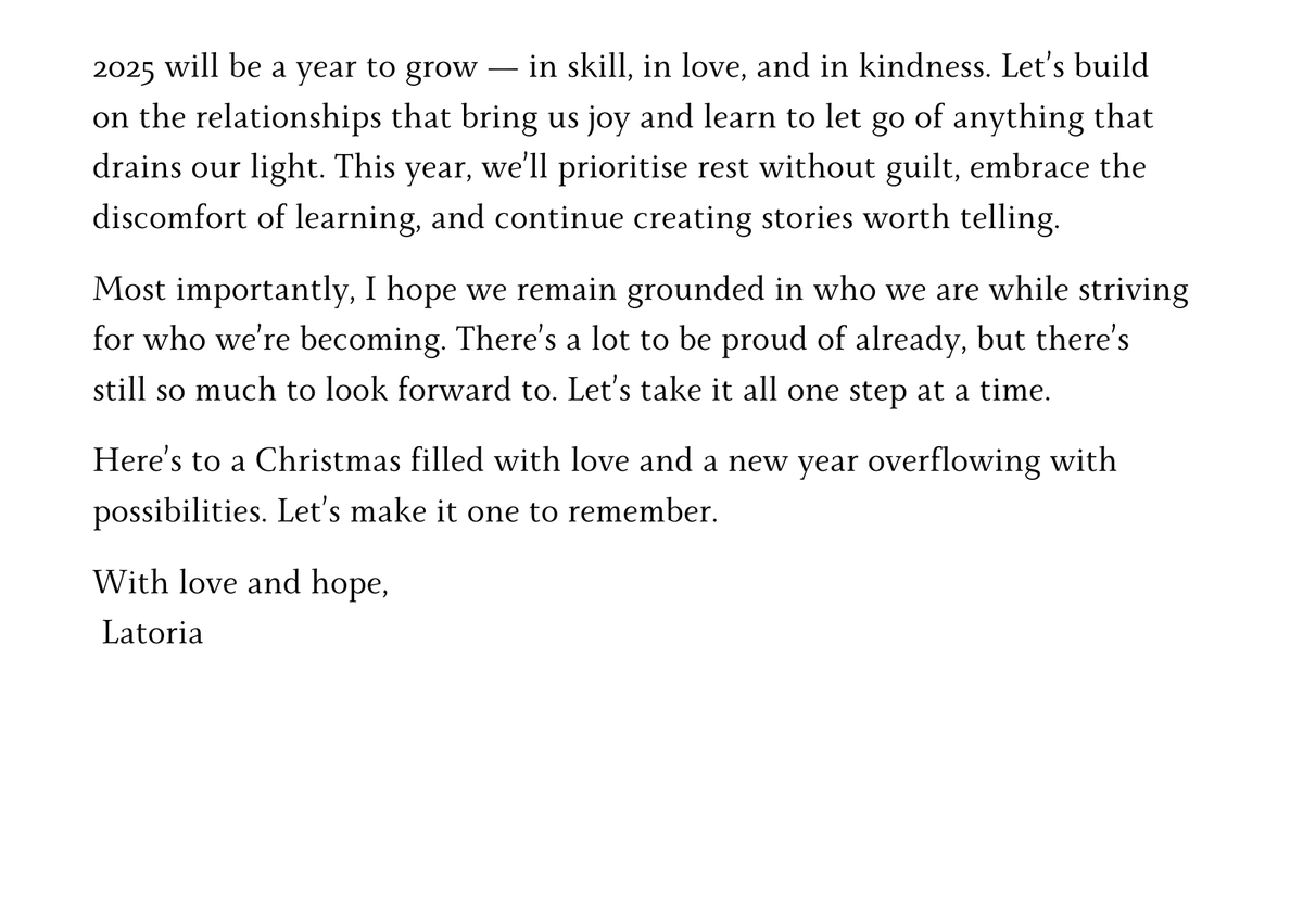 latoria_ria's tweet photo. Here’s to a Christmas filled with love and a new year overflowing with possibilities. Let’s make it one to remember.
#Day22 #31DaysChallenge #HeartfeltMessages #NewBeginnings #WritingChallenge2024 #DecemberVibes #LaunchJourney #CardsForAllOccasions
#Latoria https://t.co/zarjGEY3JM