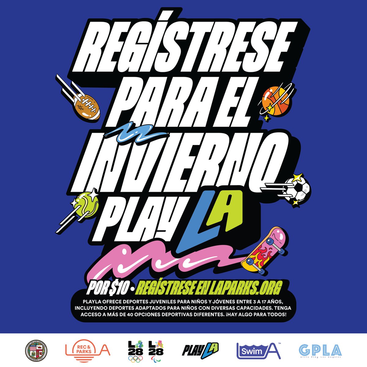 LACity's tweet photo. Keep your kids active this winter with PlayLA Youth Sports for ages 3–17! Highlights include Goalball, Water Polo, and Archery. Learn more at https://t.co/GTHnH3ioiK. With @LACityParks ⚽🏀🏊
#PlayLA #YouthSports https://t.co/AJyg7TazU6