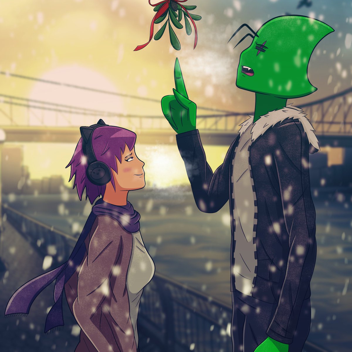 CoexistenceSaga's tweet photo. Merry Christmas and Happy Holidays, everyone! 

Coexistence is a sci-fi action,  alien romance webcomic on @webtooncanvas @globalcomix @NamiComi

#happyholidays #merrychristmas #cutecouples #alienromance #mistletoe #haxandkate #coexistencethewebcomic #comic https://t.co/98wEYxmag7