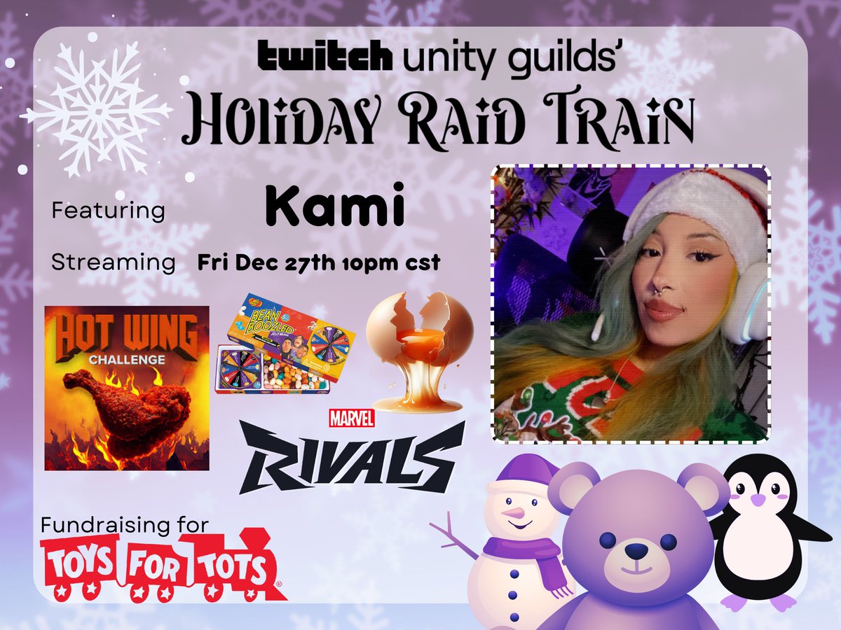 kamikorinaa's tweet photo. Very excited to announce that we will be a part of the Twitch Unity Guild's Holiday Raid Train as we RAISE FUNDS FOR KIDS FOR TOTS CHARITY ๐๐
See ya'll Dec. 27th @ 10pm for chaos <3
#UnityHoliday2024 #TwitchUnity #ToysForTots https://t.co/eeoloGkQlq