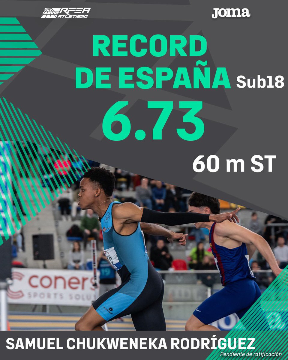 atletismoRFEA's tweet photo. 𝗩𝗔𝗬𝗔 𝗘𝗦𝗧𝗥𝗘𝗡𝗢 𝗘𝗟 𝗗𝗘 𝗚𝗔𝗟𝗟𝗨𝗥 🤩

Record de España 🇪🇸 Sub18 6️⃣0️⃣m

👉🏽 Samuel Chukweneka ⏱️ 6.73

Parece que se corre rápido 💨 en el nuevo sintético que acogerá el #CEatletismoST 😏 https://t.co/iQBKuY9irQ