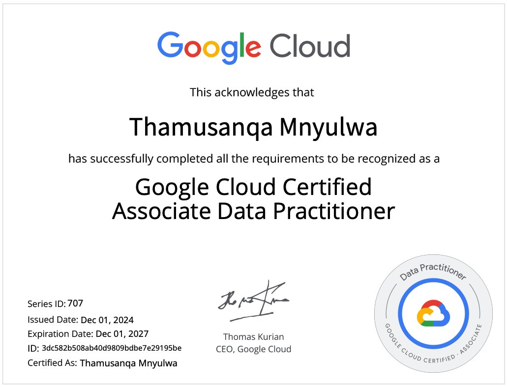Thamu Mnyulwa (@thamu_mnyulwa) on Twitter photo So happy to find out I passed the Associate Data Practitioner exam (Beta)! 🎉 Can't help but love working with <a href="/GoogleCloudTech/">Google Cloud Tech</a>'s ecosystem 🙌
<a href="/GoogleCloudTech/">Google Cloud Tech</a>
Next up: Going to try the Terraform Associate certification.
credly.com/badges/4da3a8d… via <a href="/credly/">Credly</a> So happy to find out I passed the Associate Data Practitioner exam (Beta)! 🎉 Can't help but love working with <a href="/GoogleCloudTech/">Google Cloud Tech</a>'s ecosystem 🙌
<a href="/GoogleCloudTech/">Google Cloud Tech</a>
Next up: Going to try the Terraform Associate certification.
credly.com/badges/4da3a8d… via <a href="/credly/">Credly</a>