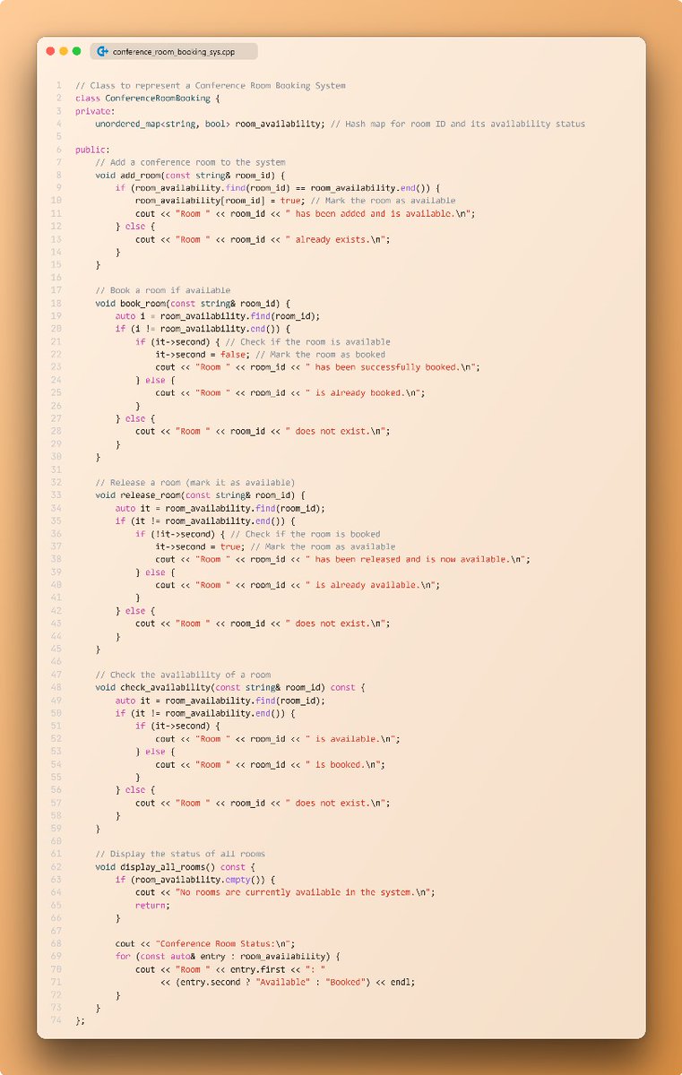umerfayyaz_'s tweet photo. Day 17: Simplifying Scheduling with a Conference Room Booking System 🚪📅

1️⃣ Add/Book/Release Rooms: Manage room availability.
2️⃣ Fast Lookups: Hash maps store room IDs &amp; availability.
3️⃣ Real-World Use: Office systems, event planning, hospitality.

#HashMaps #Cplusplus #DSA https://t.co/rco2qv8XbU
