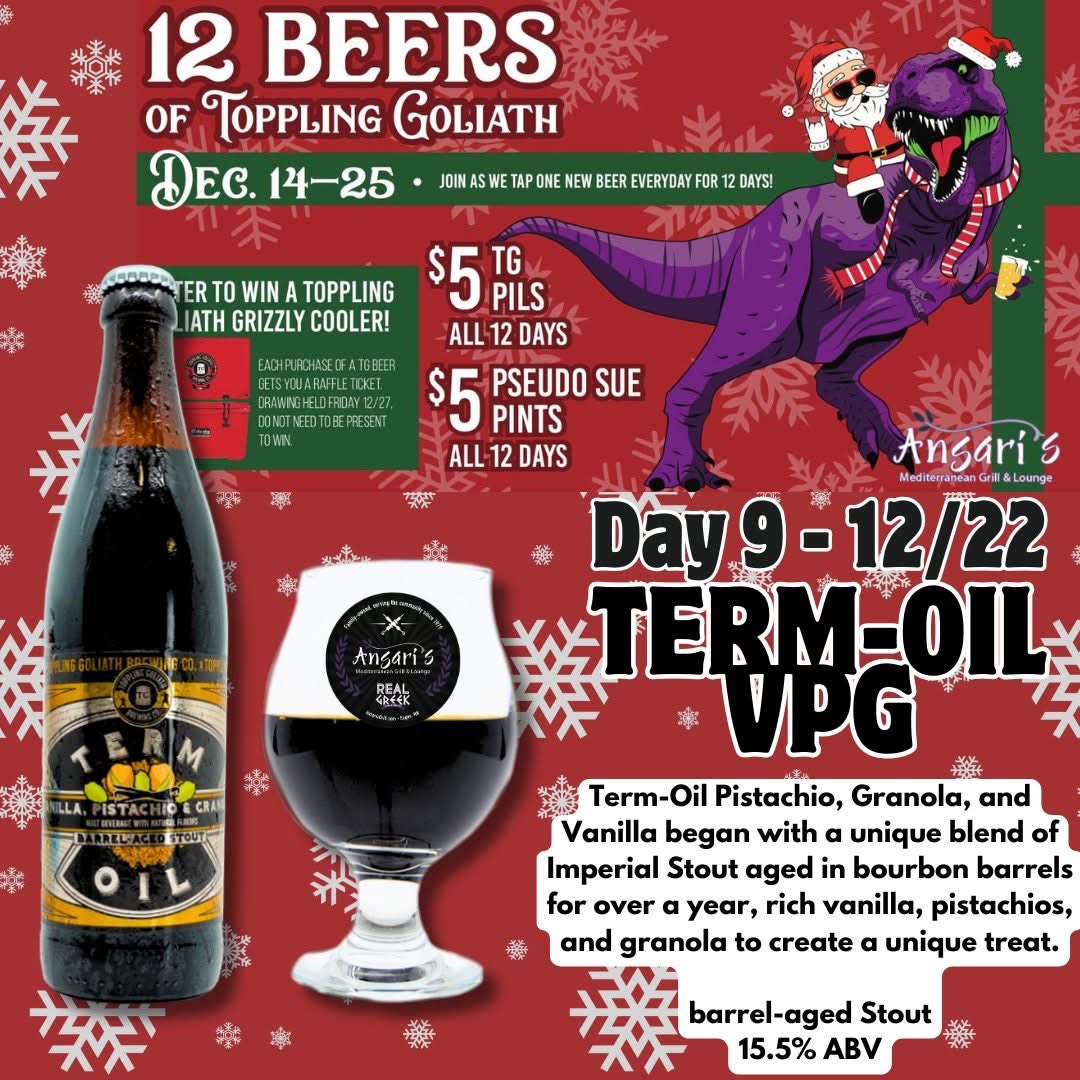AnsarisGrill's tweet photo. 12 Beers of Christmas - Day 9 (Sunday 12/22)
Term-Oil Vanilla, Pistachio, Granola
barrel-aged Stout
15.5% ABV
Available while supplies last!
#12BeersOfChristmas #termoil #vanilla #pistachio #granola #barrelaged #stout #beer  #TopplingGoliath #EaganMN #twincitiesbeers https://t.co/UTvT7Zi7sk