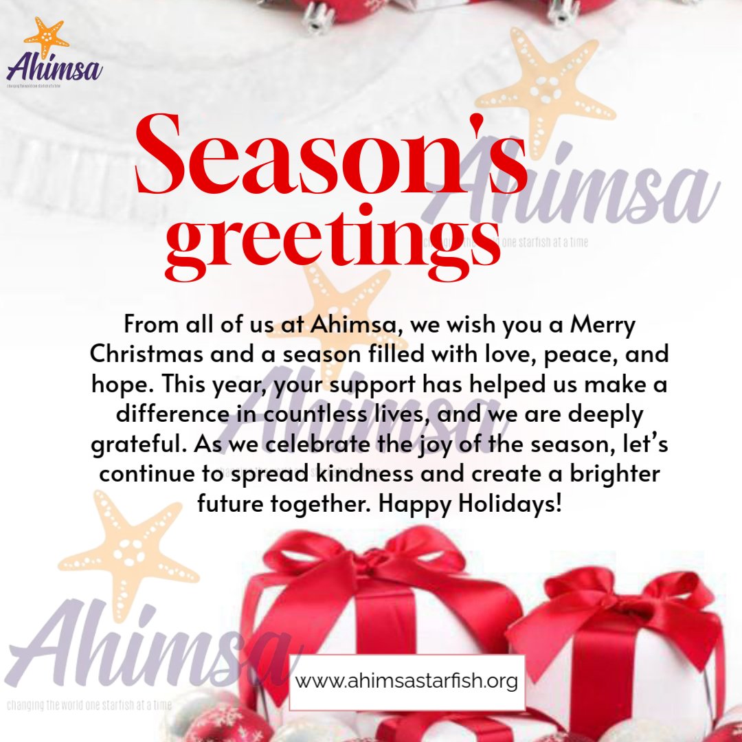 AhimsaStarfish's tweet photo. From all of us at Ahimsa, we wish you a Merry Christmas and a season filled with love, peace, and hope. This year, your support has helped us make a difference in countless lives, and we are deeply grateful. As we celebrate the joy of the season, let’s continue to spread kind https://t.co/4zoiEf6H2J