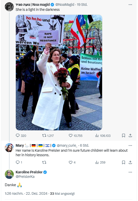 KaterHofmann's tweet image. "Her name is Karoline Preisler and I'm sure future children will learn about her in history lessons."

Vielleicht wird Karoline Preisler in Schulbüchern stehen, aber nicht als Licht in der Dunkelheit, sondern als das Gesicht des Rechtsrucks und der neuen deutschen Schuld.
#b2112