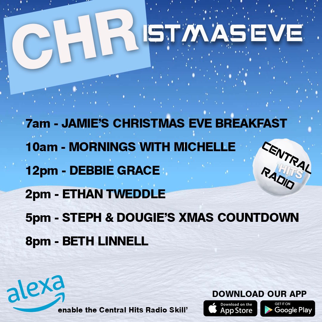 DougieScott82's tweet photo. OUR CHRISTMAS EVE LINE UP IS HERE!!! 

Remember, If you voted on our poll to find the most popular Xmas song (and hundreds of you did!) you can hear the full countdown from 5pm as the creators of Central Hits Radio Steph &amp; Dougie share the mic for the first time ever!!! 😍 https://t.co/KtxNcIgKzU