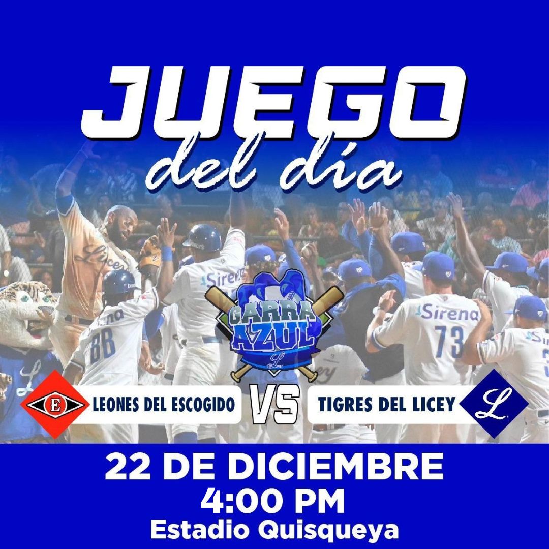 GarraAzulLicey's tweet photo. BUENAS TARDES BICAMPEONES🏆🏆
Domingo por la tarde, si el clima nos da tregua, nuestros @tigresdellicey reciben la visita de los Leones del Escogido. 😎
Partido pautado para iniciar a las 4:00PM
#GarraAzul #LEvsTL #JuegoDelDíaLicey #LosDueñosDeLasGradas https://t.co/rgsvWhHESE