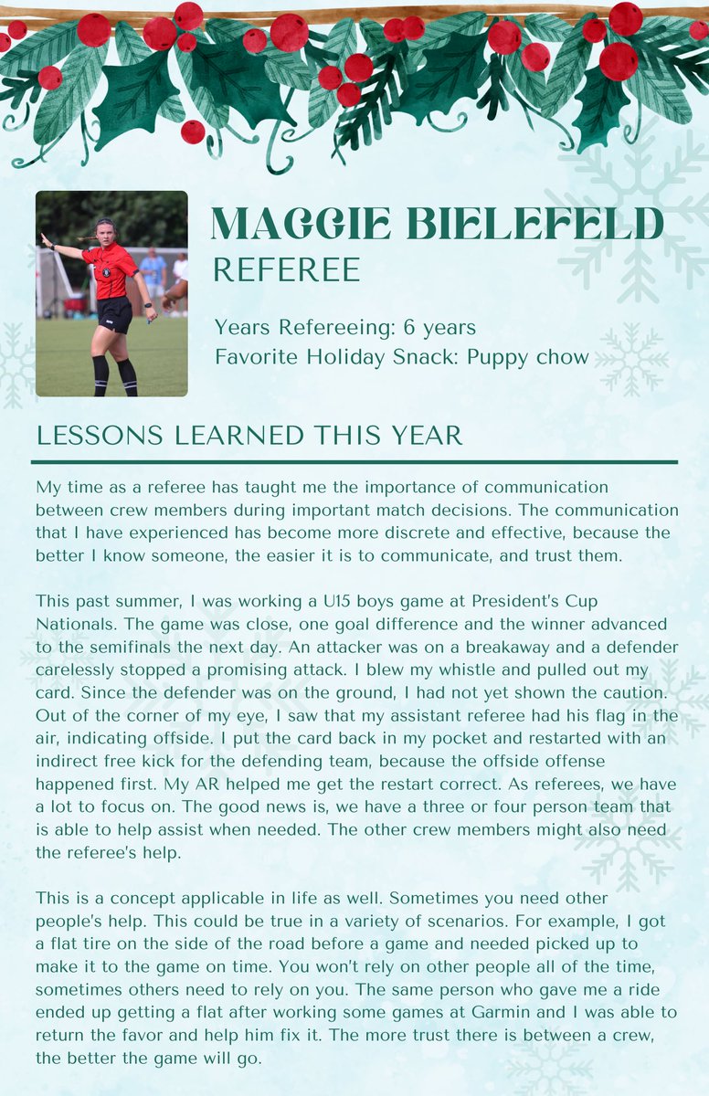 Kansas Referee Program (@ksrefereepro) on Twitter photo <a href="/ussoccer_ref/">U.S. Soccer Referee</a> <a href="/OSI_Page2/">Official Sports International</a> <a href="/KSYouthSoccer/">Kansas Youth Soccer</a> <a href="/KSRefAcademy/">Kansas Soccer Referee Academy</a> On the 9th Day of Refsmas, our referee Maggie Bielefeld learned this year.…
So each day until Christmas we ask a Kansas referee to tell us a lesson they’ve learned throughout the past year of refereeing.
#KSRefPro #KansasReferees #KRDP #Refsmas <a href="/KSRefAcademy/">Kansas Soccer Referee Academy</a> <a href="/ussoccer_ref/">U.S. Soccer Referee</a> <a href="/OSI_Page2/">Official Sports International</a> <a href="/KSYouthSoccer/">Kansas Youth Soccer</a> <a href="/KSRefAcademy/">Kansas Soccer Referee Academy</a> On the 9th Day of Refsmas, our referee Maggie Bielefeld learned this year.…
So each day until Christmas we ask a Kansas referee to tell us a lesson they’ve learned throughout the past year of refereeing.
#KSRefPro #KansasReferees #KRDP #Refsmas <a href="/KSRefAcademy/">Kansas Soccer Referee Academy</a>