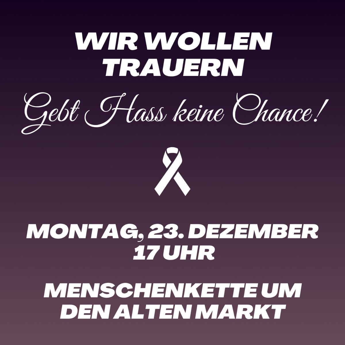 Wir wollen trauern - Gebt Hass keine Chance!

Auch wenige Tage nach den erschütternden Ereignissen auf dem Magdeburger Weihnachtsmarkt sind wir von unserer Trauer wie gelähmt. 
Erschrocken und wütend stellen wir fest, dass Menschen diese grausame Tat für ihre Politik