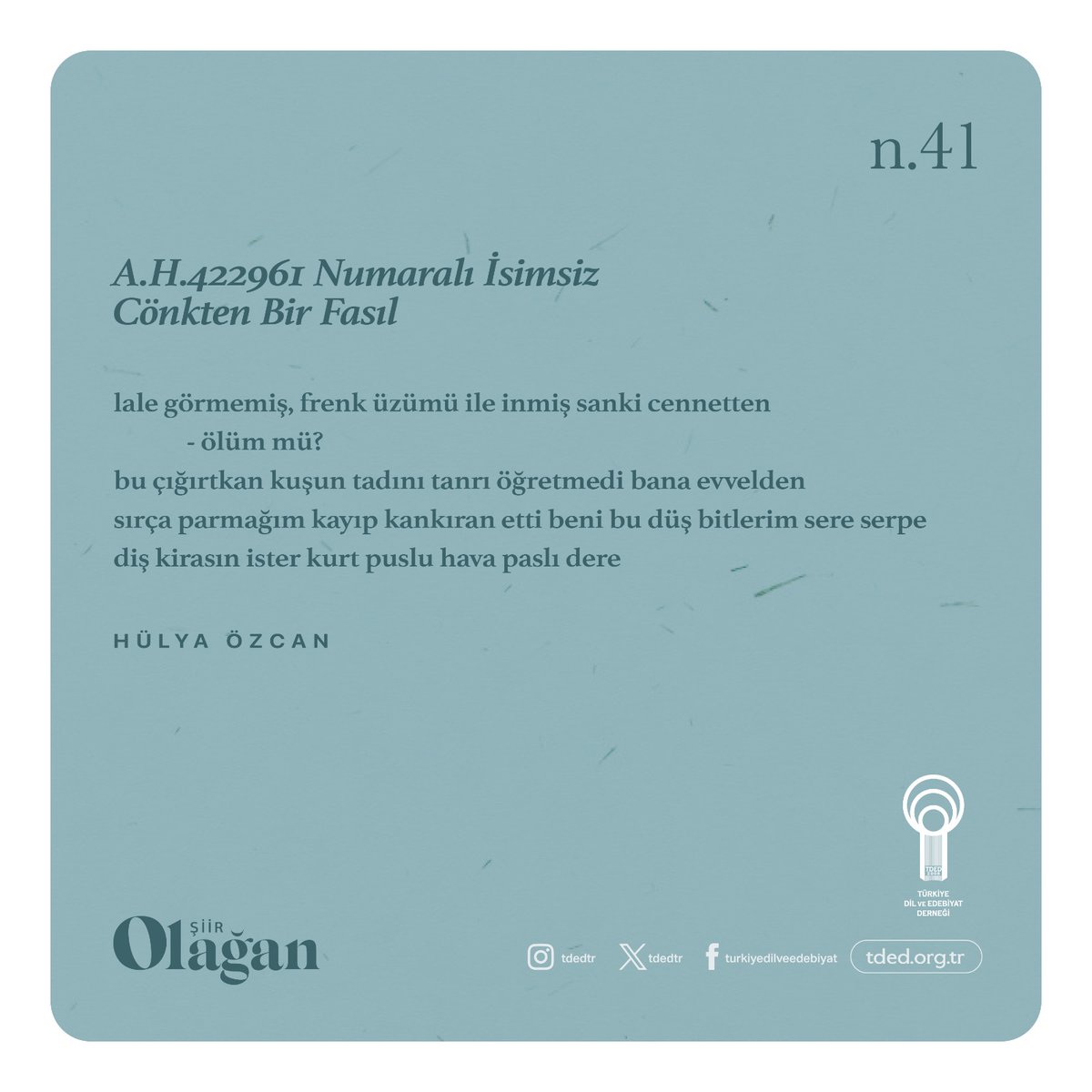 Hülya Özcan / A.H.422961 Numaralı İsimsiz Cönkten Bir Fasıl 

lale görmemiş, frenk üzümü ile inmiş sanki cennetten
          - ölüm mü?
bu çığırtkan kuşun tadını tanrı öğretmedi bana evvelden
sırça parmağım kayıp

tded.org.tr/tr/dergi-pdf/o…

#OlağanŞiir #HülyaÖzcan