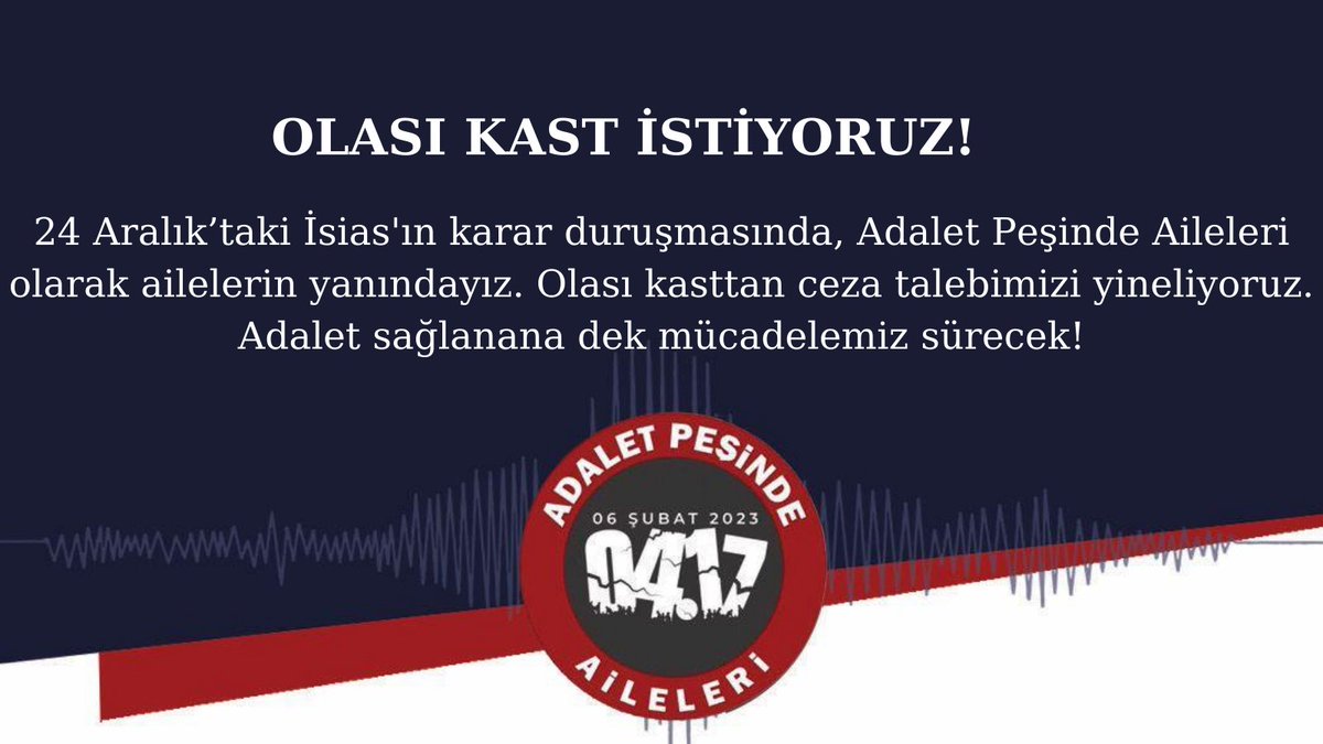 #isiasolasıkast #isiasortakdavamız 
24 Aralık’taki İsias davasında, Adalet Peşinde Aileleri olarak ailelerin yanındayız. Olası kasttan ceza talebimizi yineliyoruz. Adalet sağlanana dek mücadelemiz sürecek!