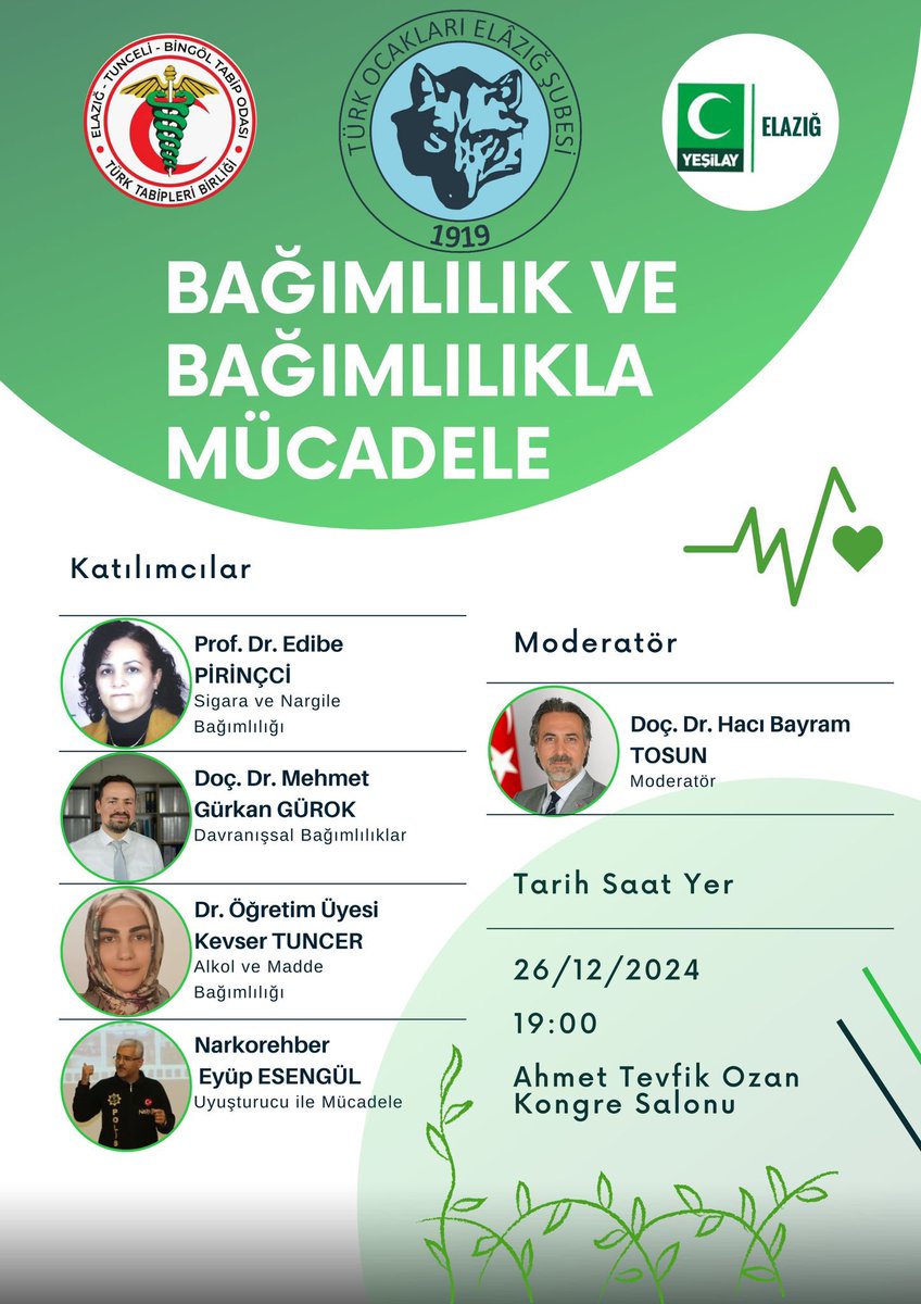 Düzenlemiş olduğumuz "Bağımlılık ve Bagımlılıkla Mücadele" konulu panelimize teşriflerinizi bekler saygılar sunarız.
<a href="/YavuzHaykir/">Yavuz Haykır</a> 
<a href="/turkocaklari/">Türk Ocakları 🇹🇷</a> 
<a href="/DrBayramTosun/">Prof. Dr. Hacı Bayram Tosun MD🇹🇷, Elazığ</a> 
<a href="/Yesilay_Elazig/">Yeşilay Elazığ</a>