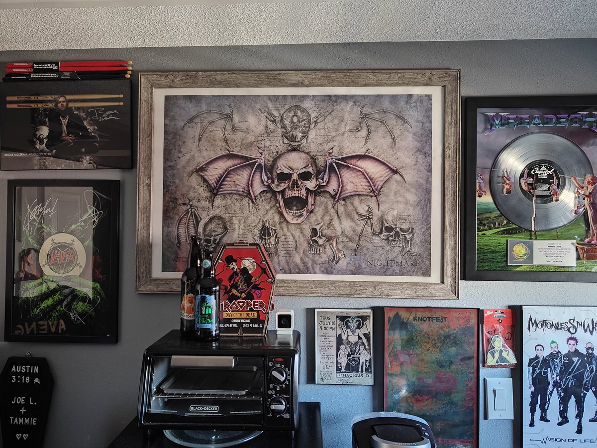 Here it is! 🥹 The <a href="/Megadeth/">Megadeth</a> plaque I won back in November 🤘🏼 <a href="/Joe_L_Mtz/">Joe L. Martinez</a> found a space for it on our busy walls &amp; hung it up for me :) Sorry it took so long to see a post about it! Honored to be part of such an amazing community! 🖤 Thank you again! <a href="/MegadethDigital/">Megadeth Digital</a> <a href="/DaveMustaine/">Dave Mustaine</a>